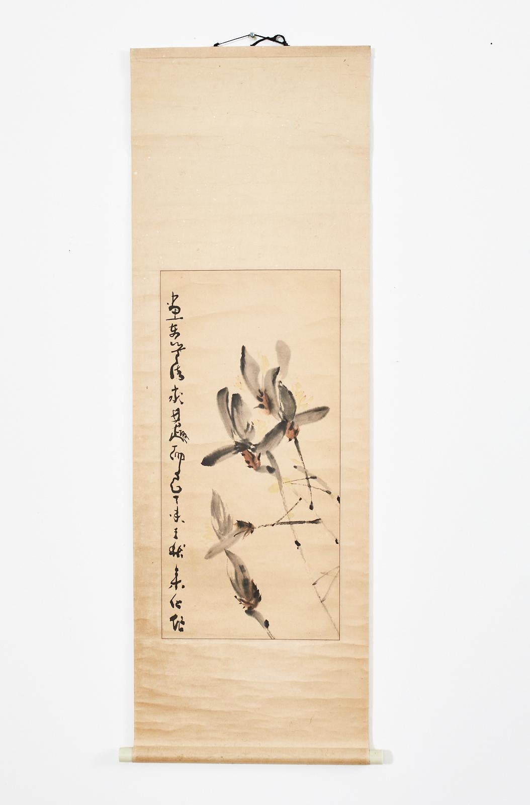 Qing Chinese Floral Painted Scroll Signed and Dated For Sale