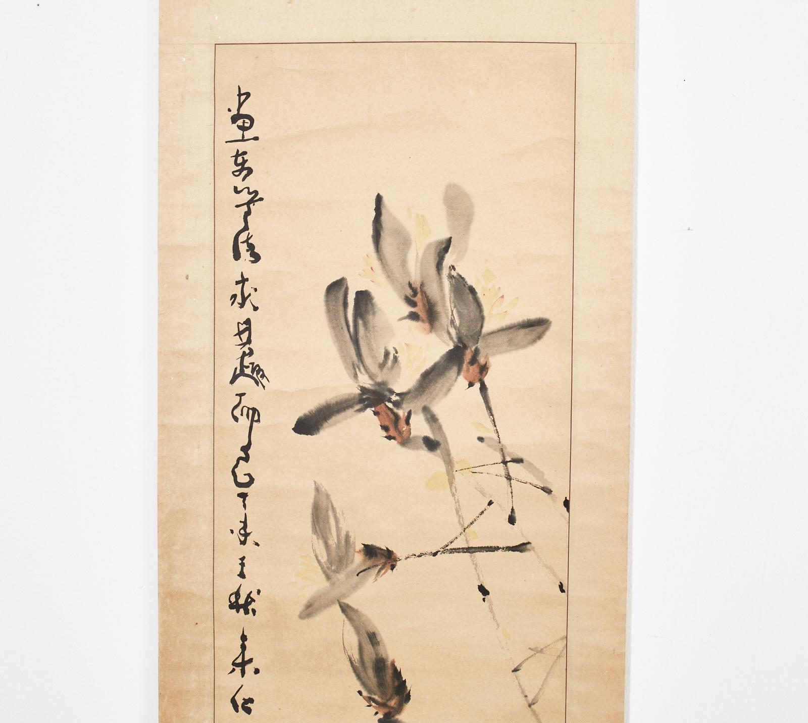 Hand-Crafted Chinese Floral Painted Scroll Signed and Dated For Sale