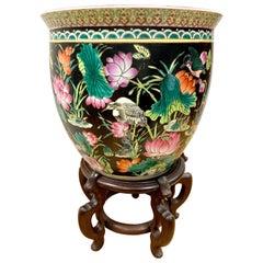 Chinese Floral Porcelain Fishbowl Planter Jardiniere on Carved Stand