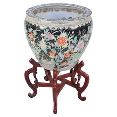 Vintage Chinese Floral Porcelain Planter with Wooden Stand
