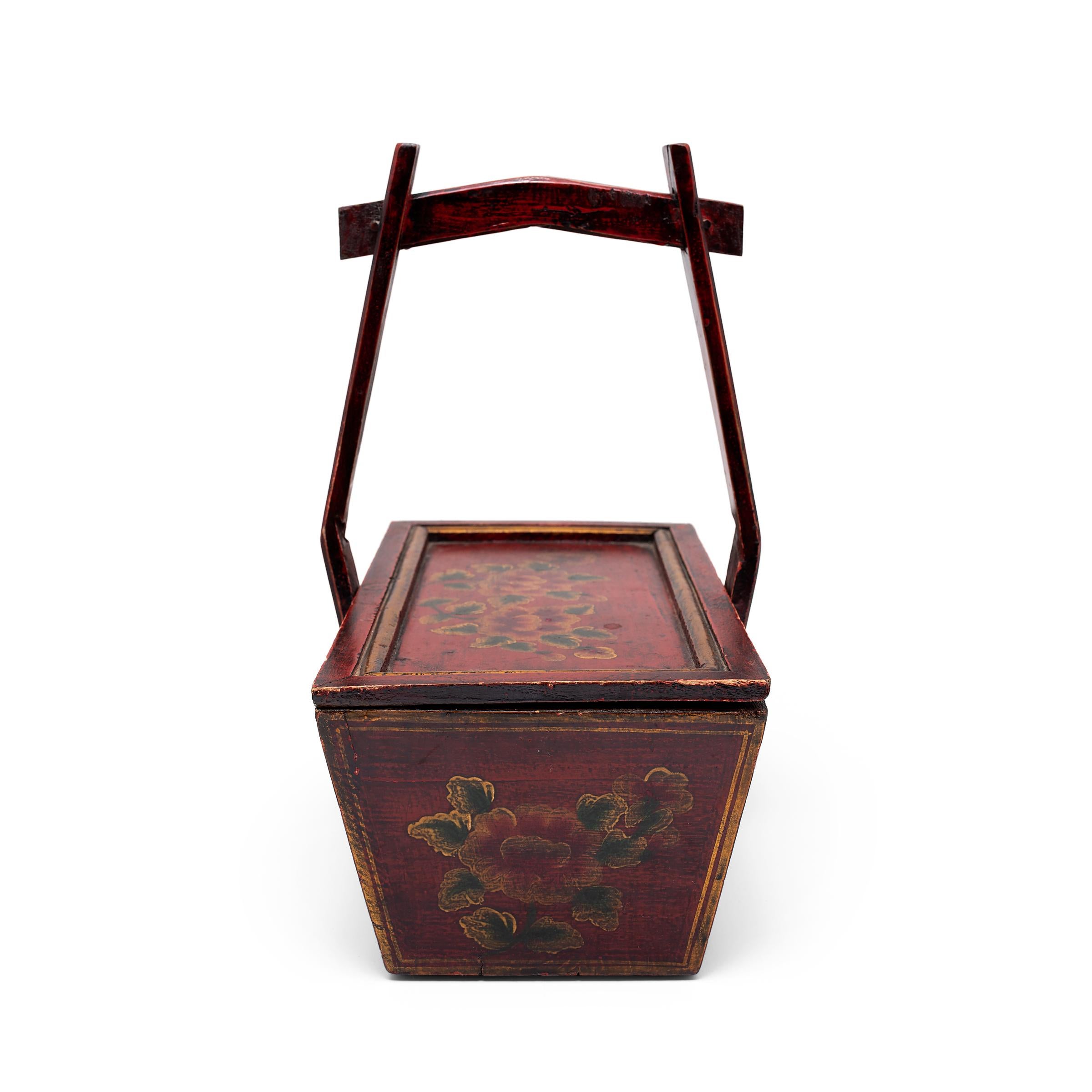 Lacquered Chinese Floral Red Lacquer Carrying Box