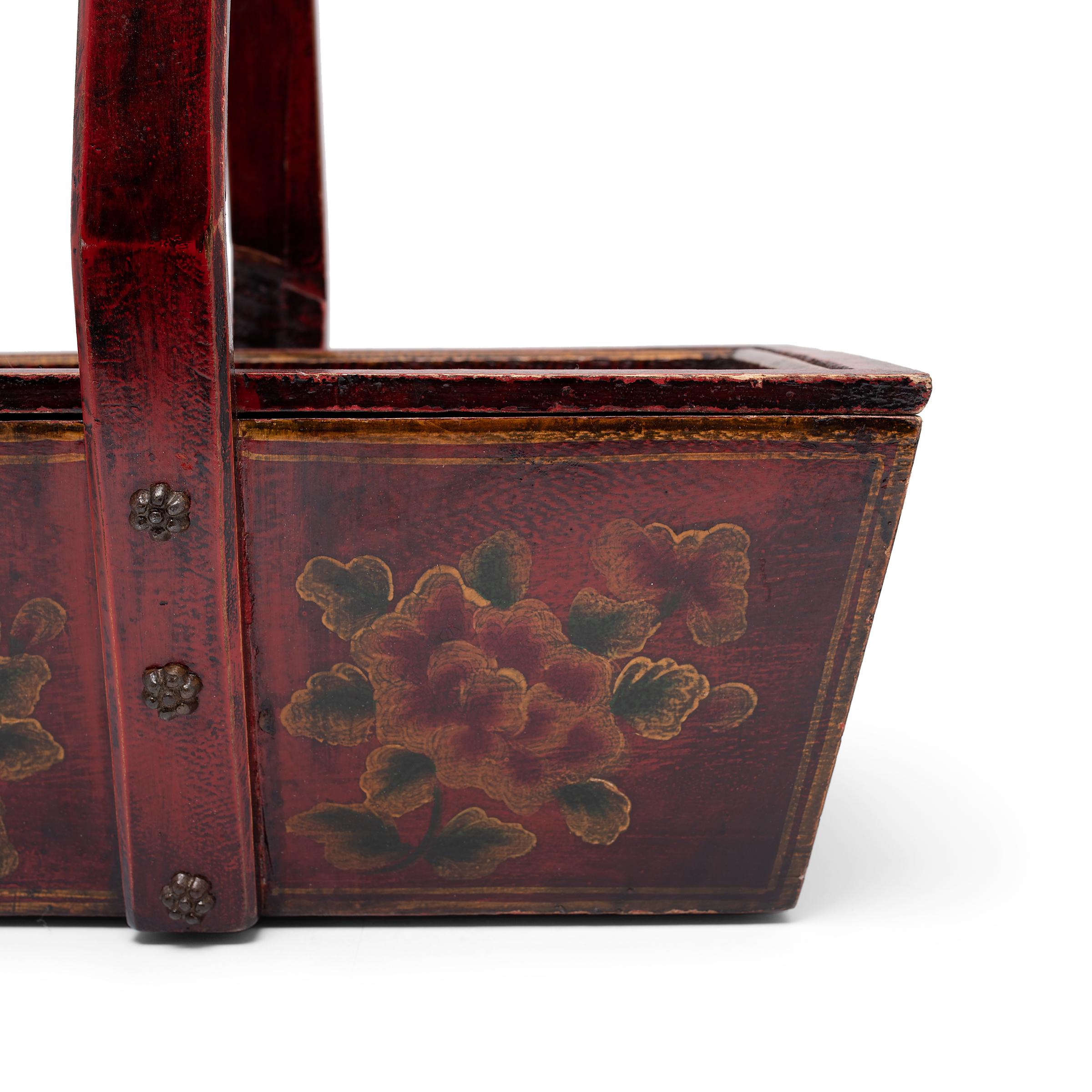 20th Century Chinese Floral Red Lacquer Carrying Box