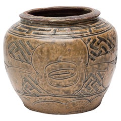 Antique Chinese Floral Sgraffito Kitchen Pot, c. 1900