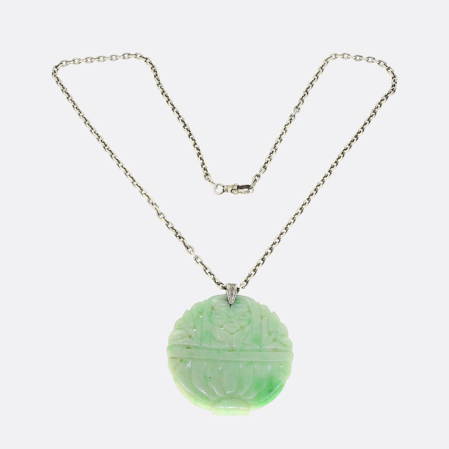 Cabochon Chinese Flower Jade Necklace For Sale