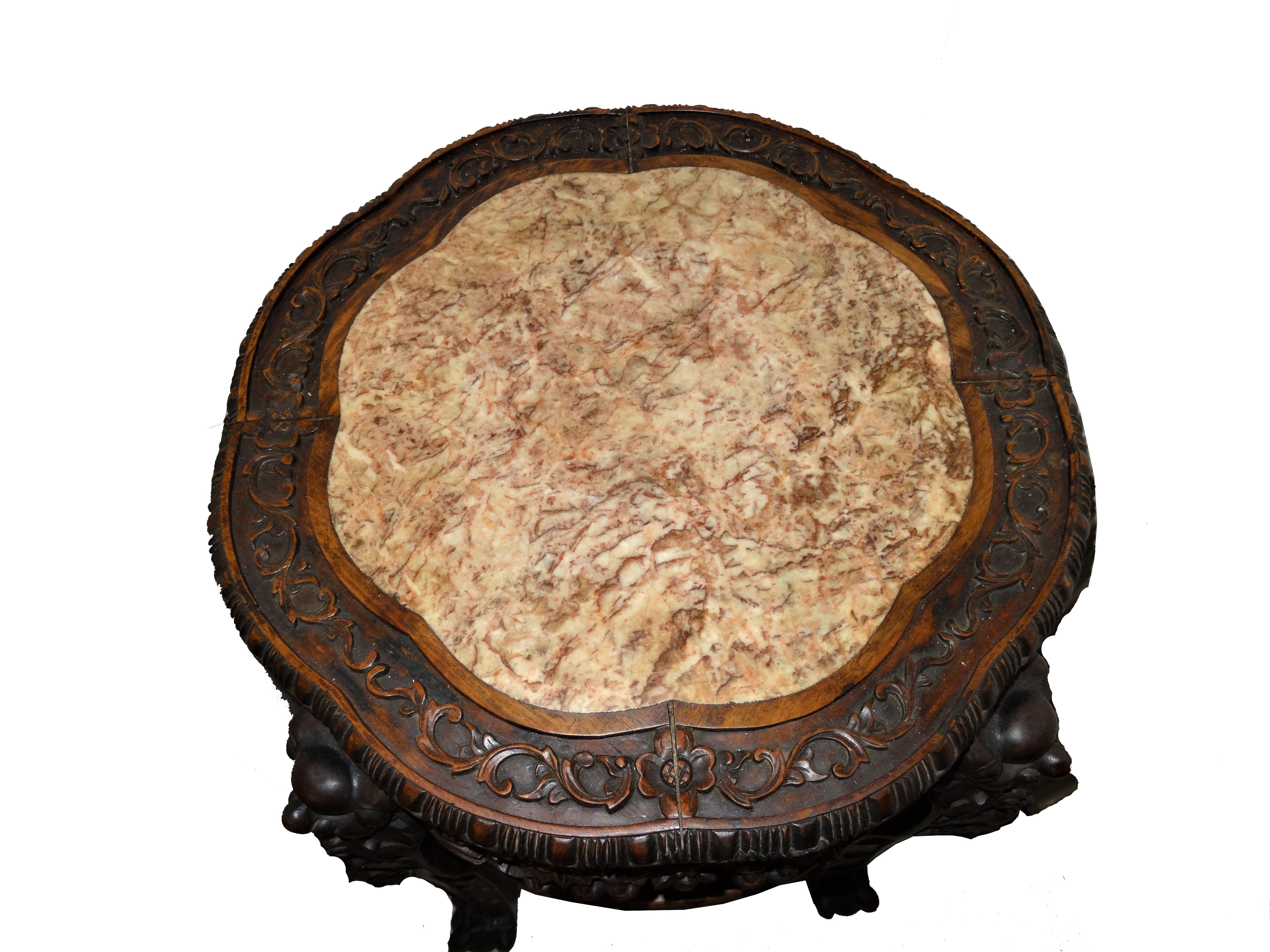 Hand-Carved Chinese flower table around 1900 made of rosewood with marble top For Sale