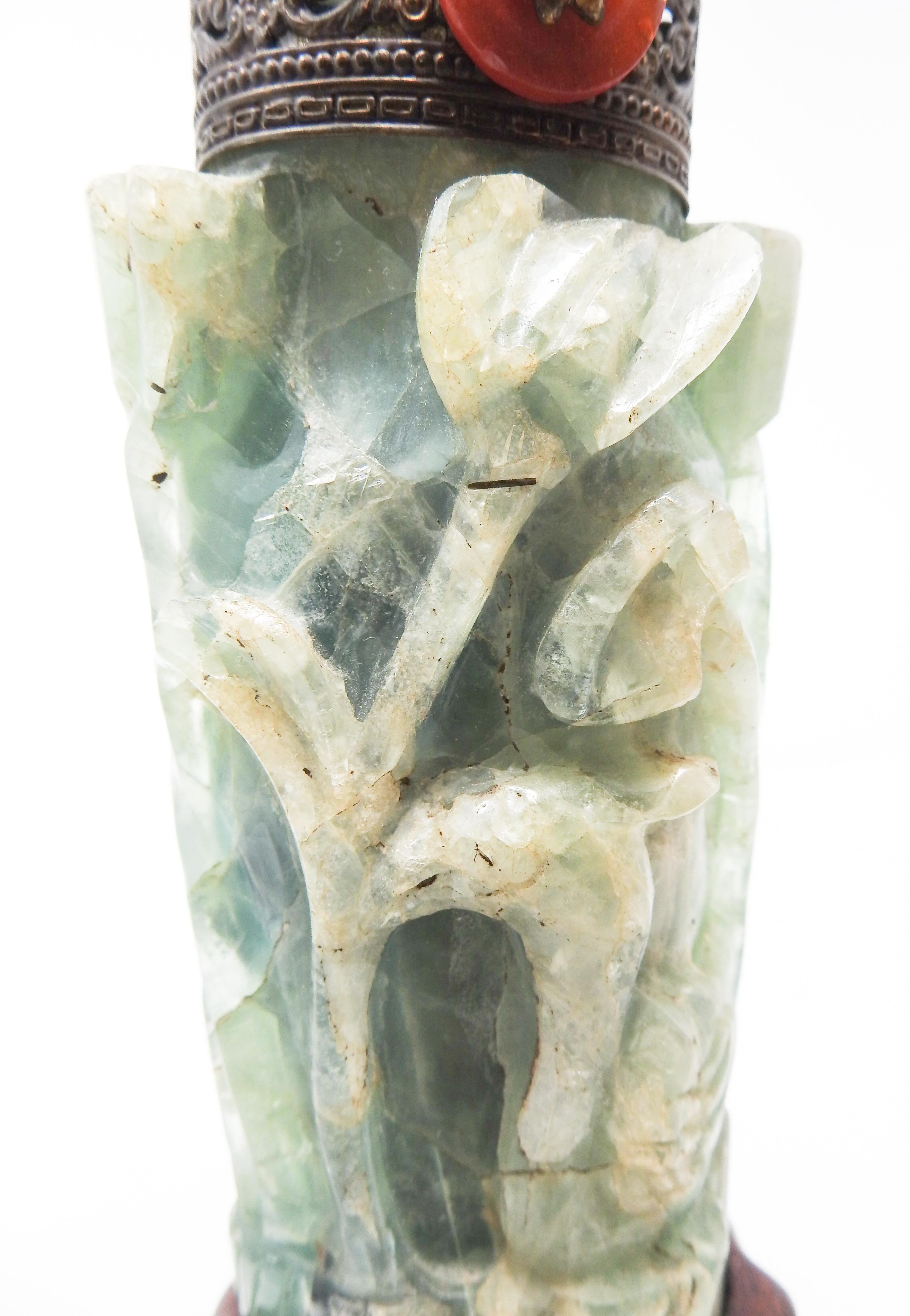 Hand-Carved Chinese Fluorite Stone Lamp with Amethyst For Sale