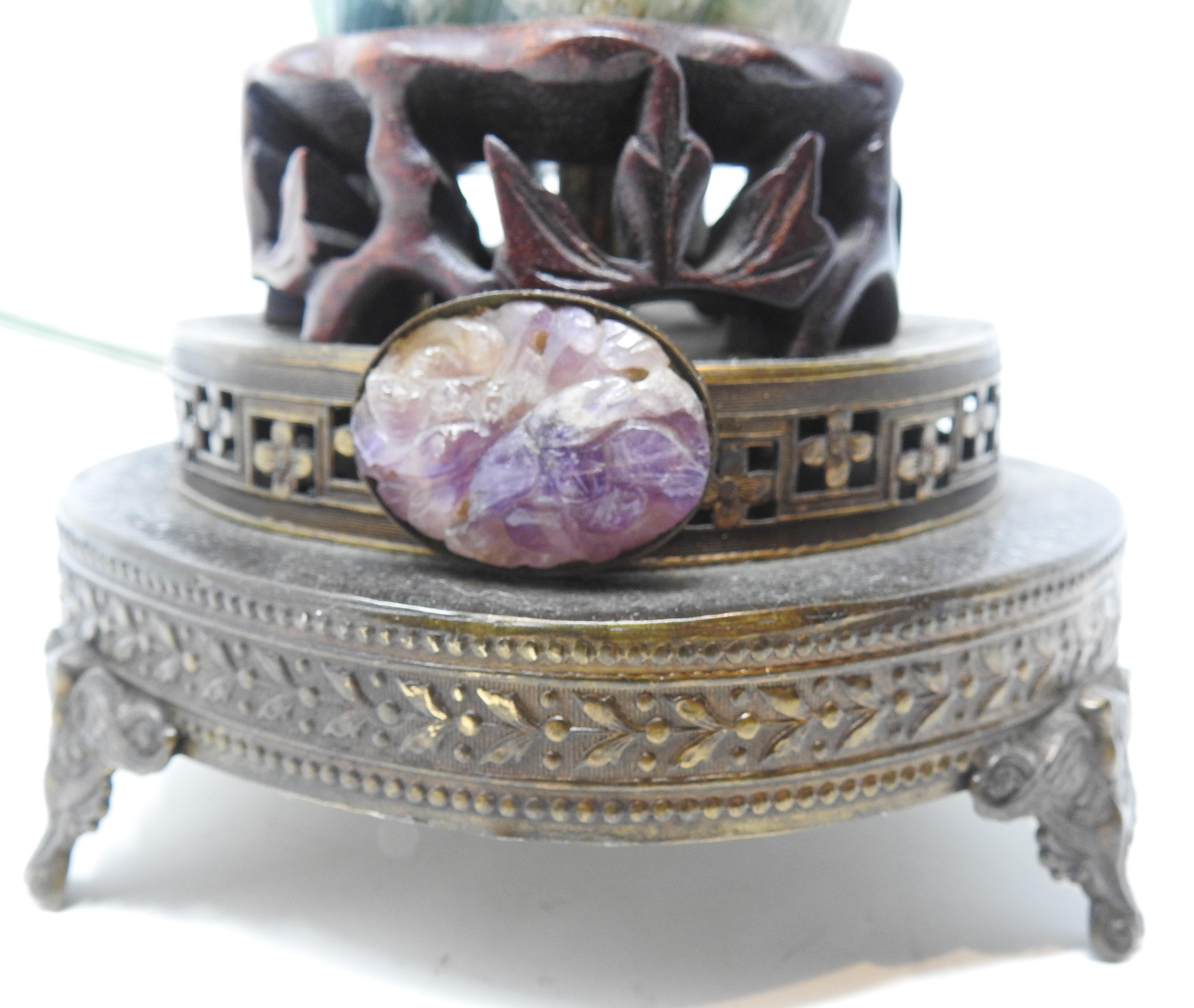 Bronze Chinese Fluorite Stone Lamp with Amethyst For Sale