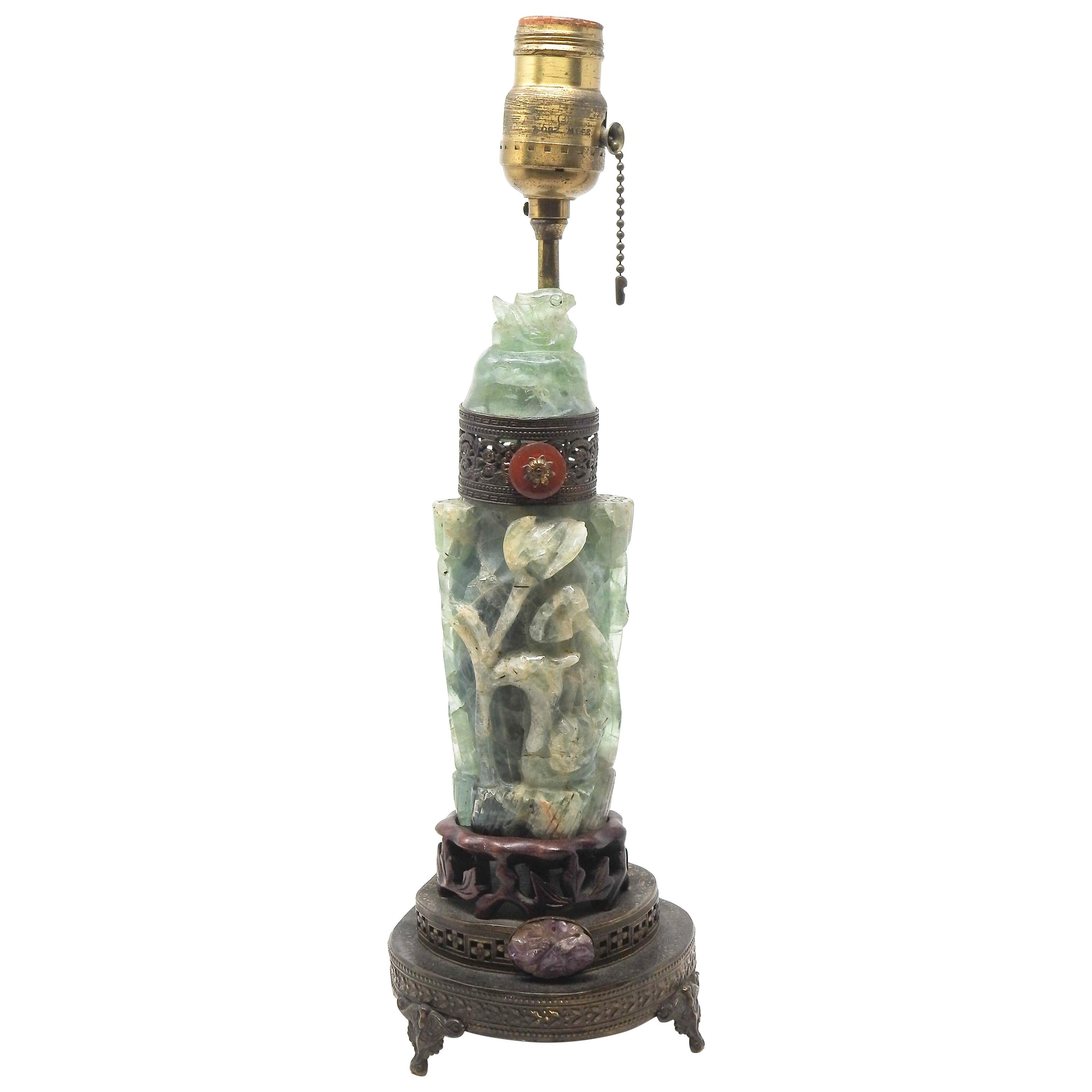 Chinese Fluorite Stone Lamp with Amethyst For Sale