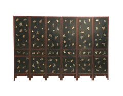 Chinese Lacquered Wood Folding Floor Screen with Gemstone Inlays
