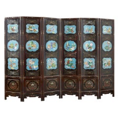 Chinese Folding Lacquer Screen Mounted with Cloisonné Enamel Panels