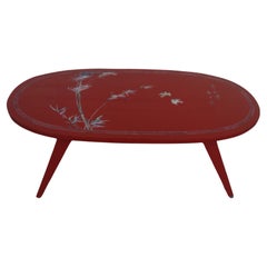 Chinese Folding Leg Red Lacquer Coffee Table with Mother of Pearl Inlay