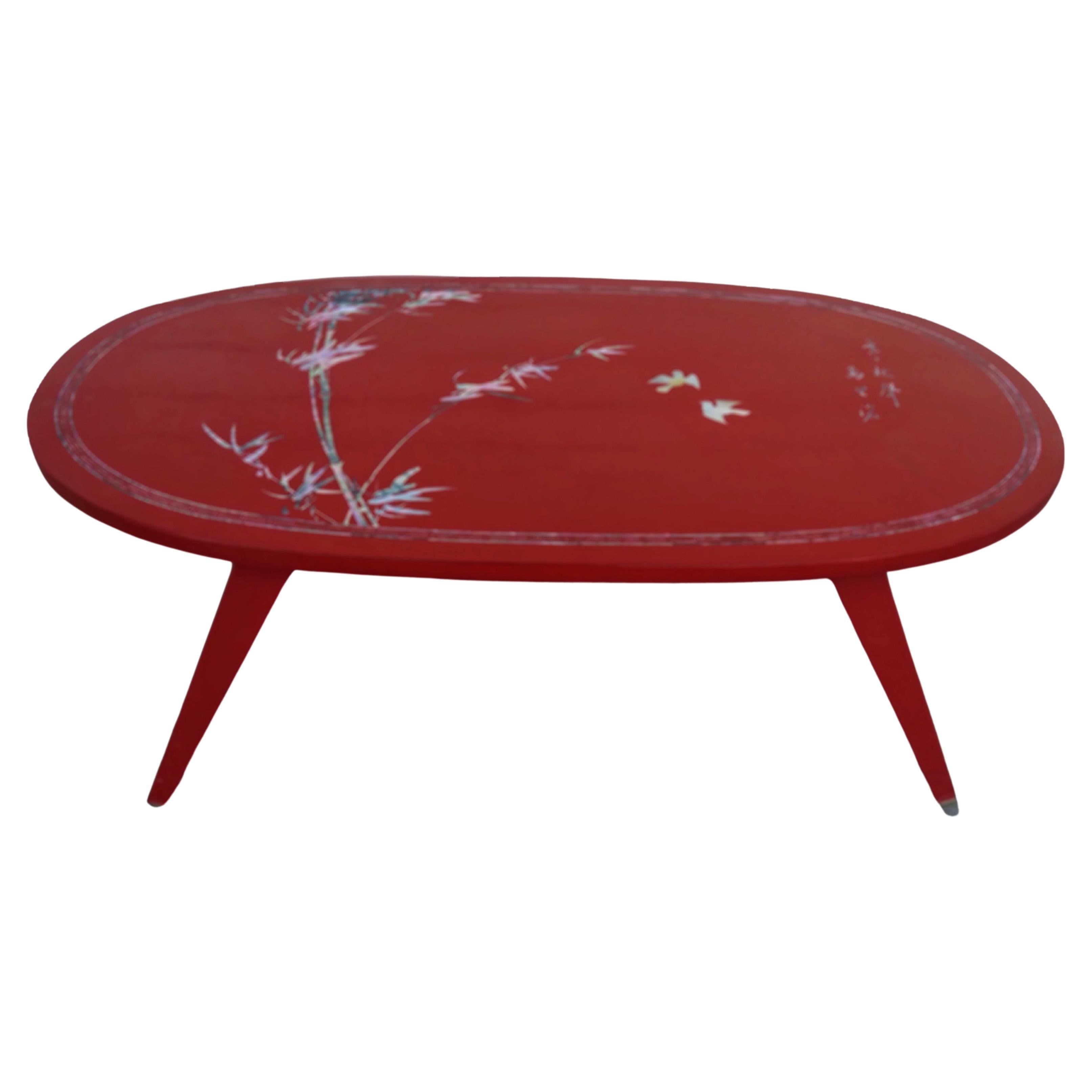 Chinese Folding Leg Red Lacquer Coffee Table with Mother of Pearl Inlay