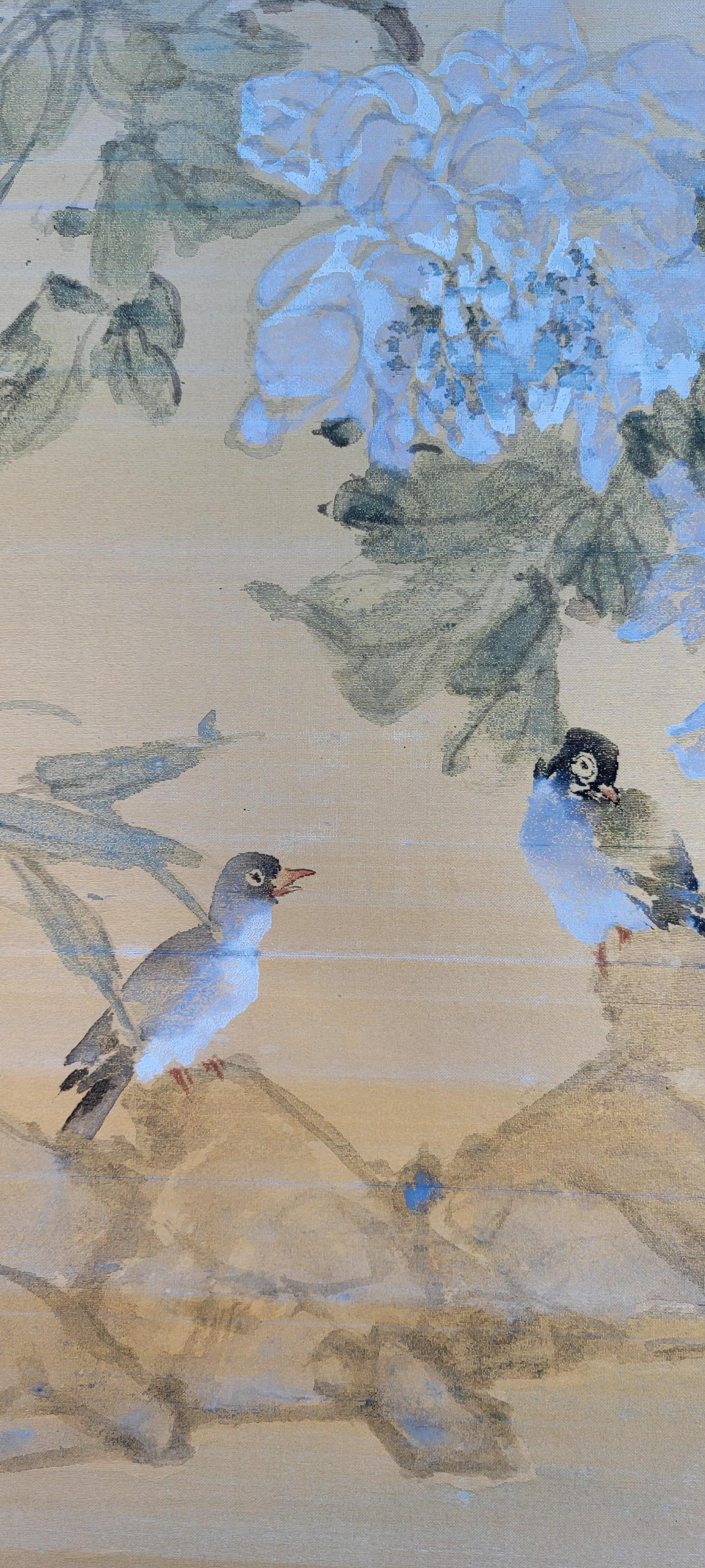 A four panel Chinese folding screen. Black lacquer wood frame with brass corner mounts. Birds in flora done in pastel colors. Excellent original condition. When fully open measures 70.5