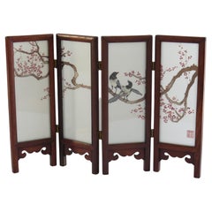 Retro Chinese Folding Table or Desk Screen Hardwood & Silk Hand Decorated, Circa 1960