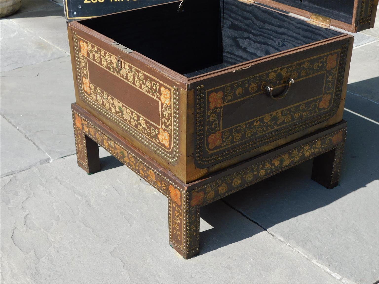 Chinese Foliage Painted & Brass Mounted Tacked Chest on Stand with Key, C. 1880 For Sale 5
