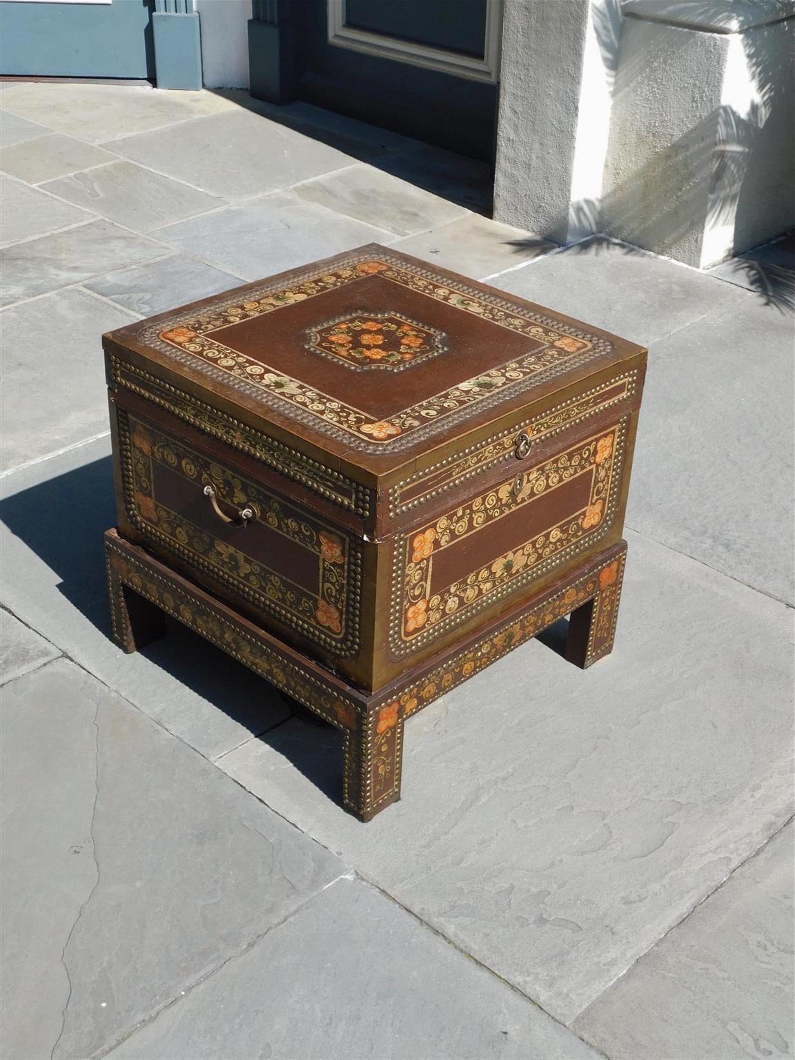 Chinese Export Chinese Foliage Painted & Brass Mounted Tacked Chest on Stand with Key, C. 1880 For Sale