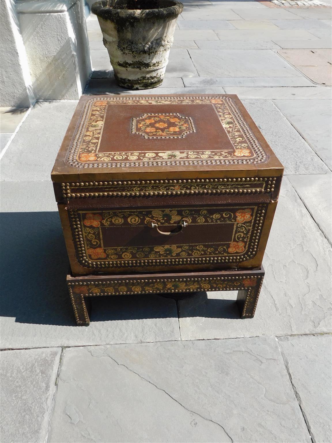 Cast Chinese Foliage Painted & Brass Mounted Tacked Chest on Stand with Key, C. 1880 For Sale