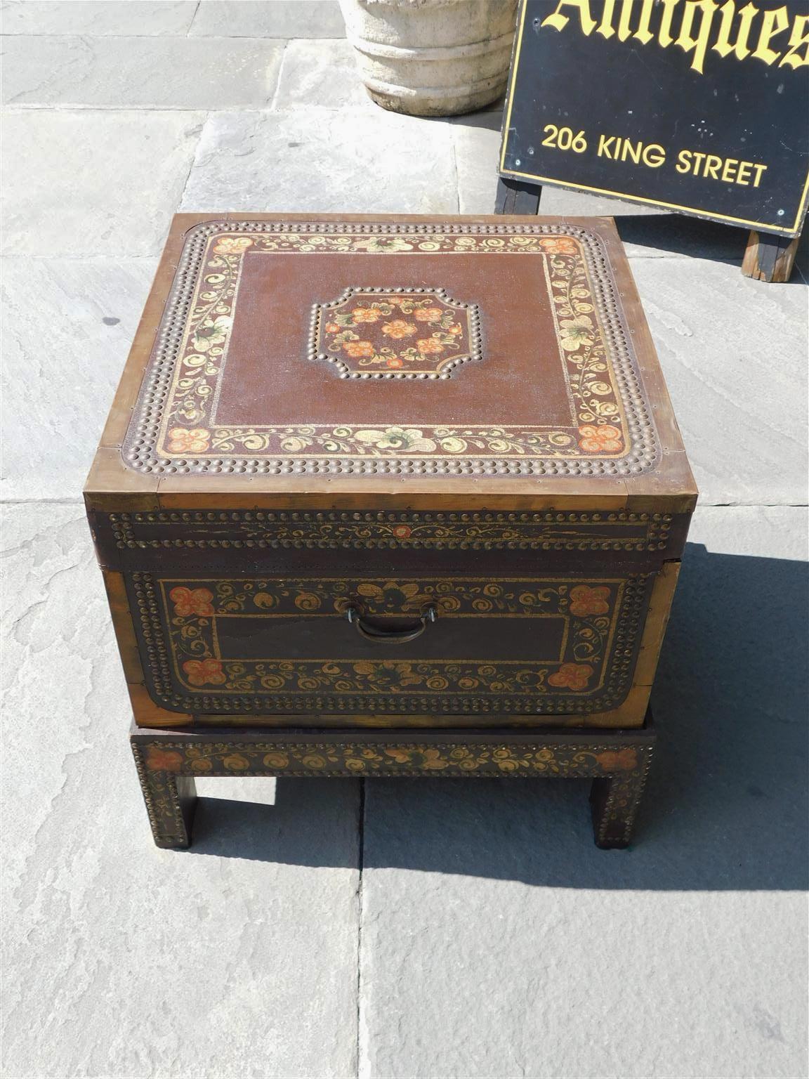 Late 19th Century Chinese Foliage Painted & Brass Mounted Tacked Chest on Stand with Key, C. 1880 For Sale