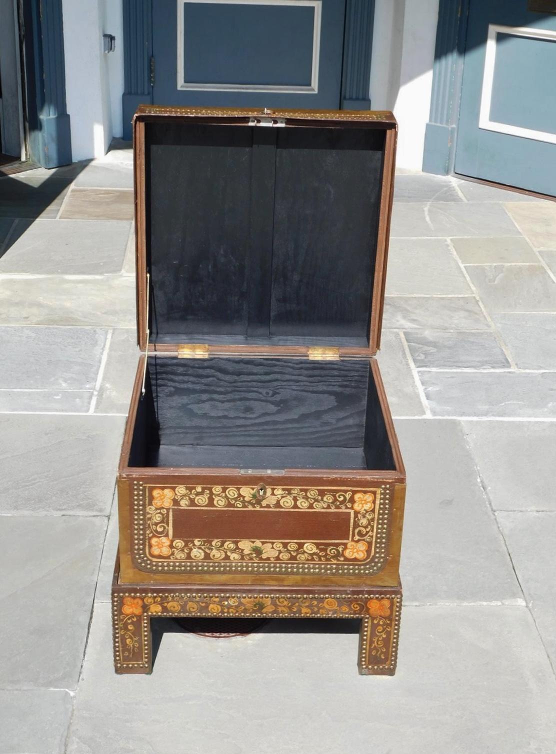 Chinese Foliage Painted & Brass Mounted Tacked Chest on Stand with Key, C. 1880 For Sale 1