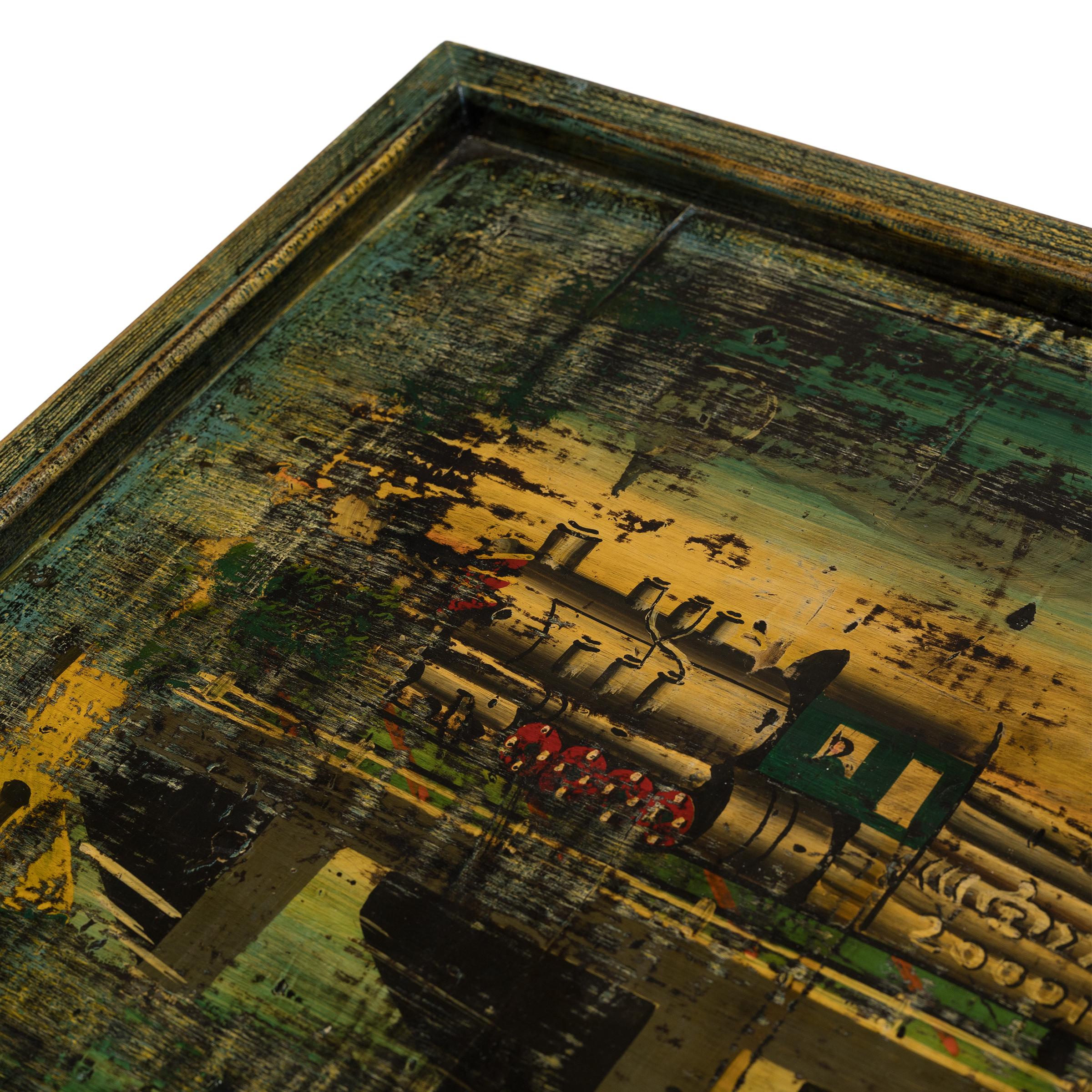 Folk Art Chinese Folk Painted Tray with Railway Scene For Sale