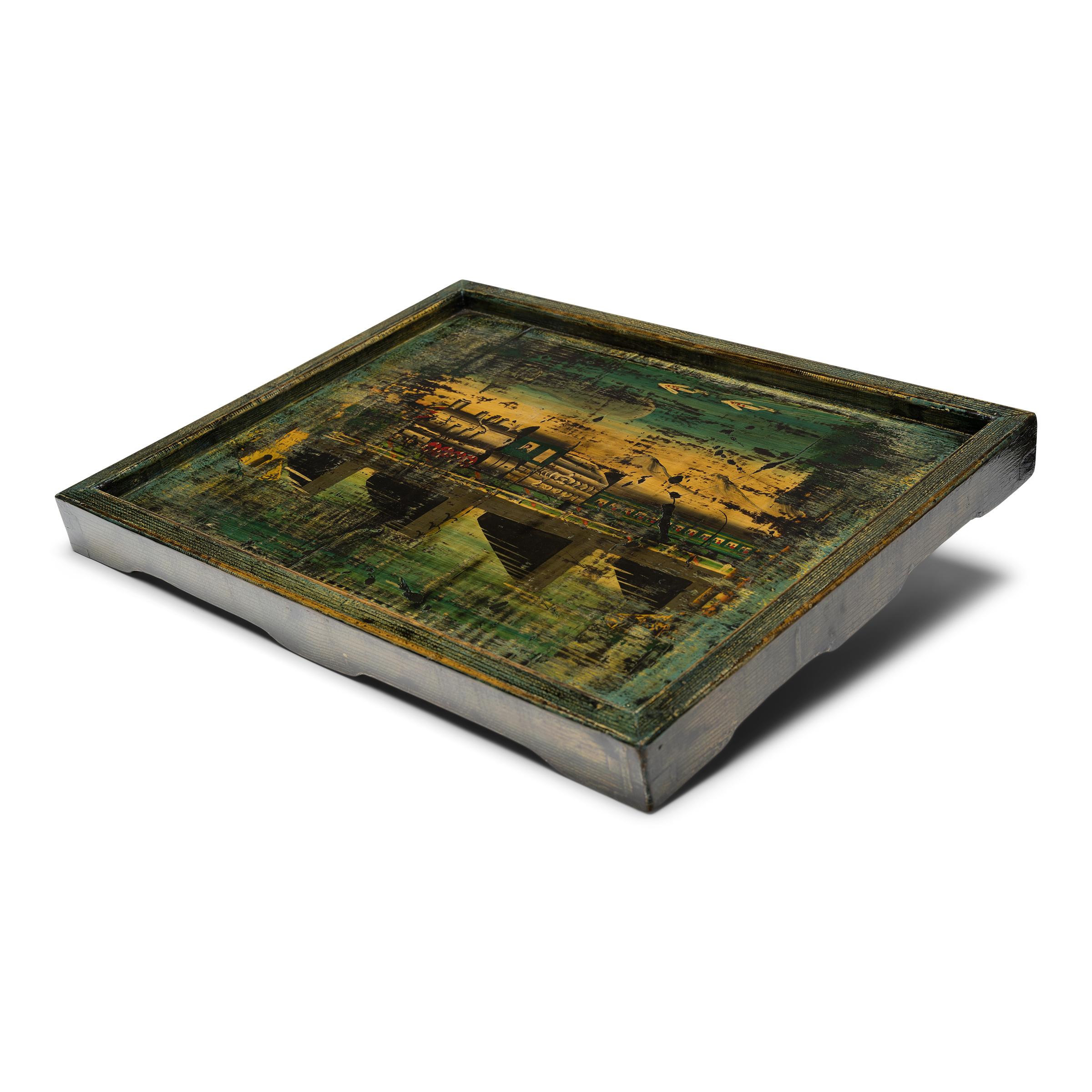 Lacquered Chinese Folk Painted Tray with Railway Scene For Sale
