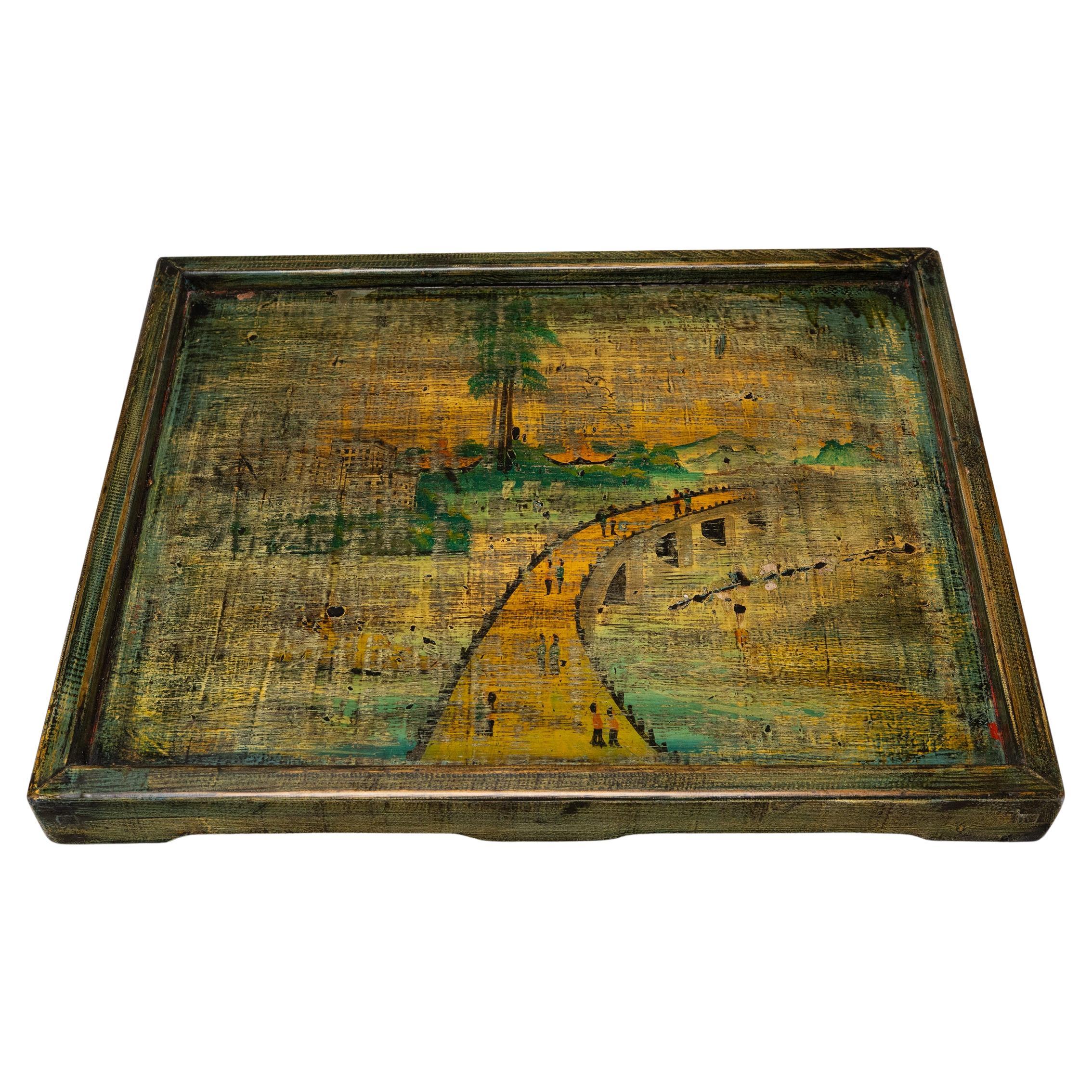 Chinese Folk Painted Tray with River Landscape