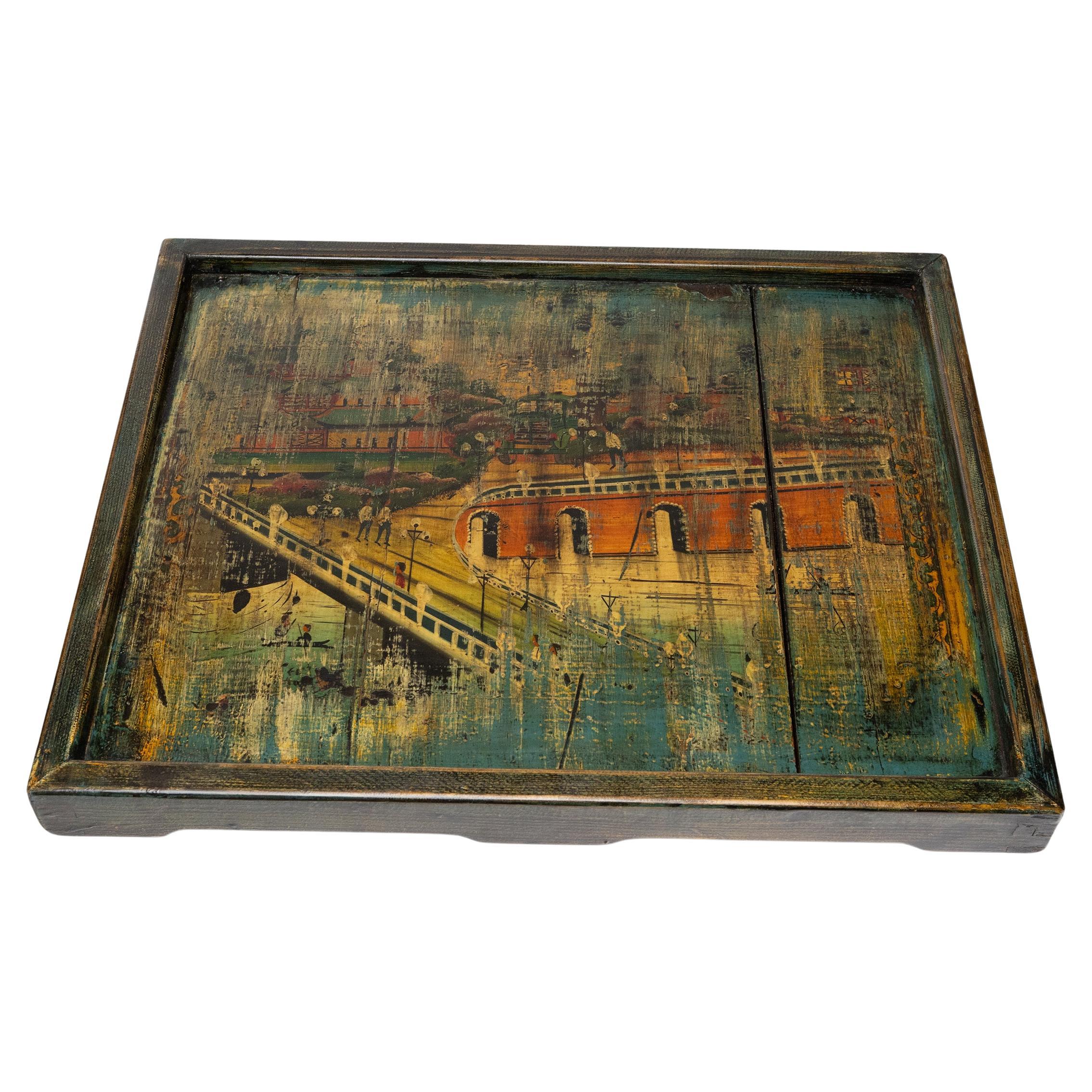 Chinese Folk Painted Tray with River Landscape For Sale