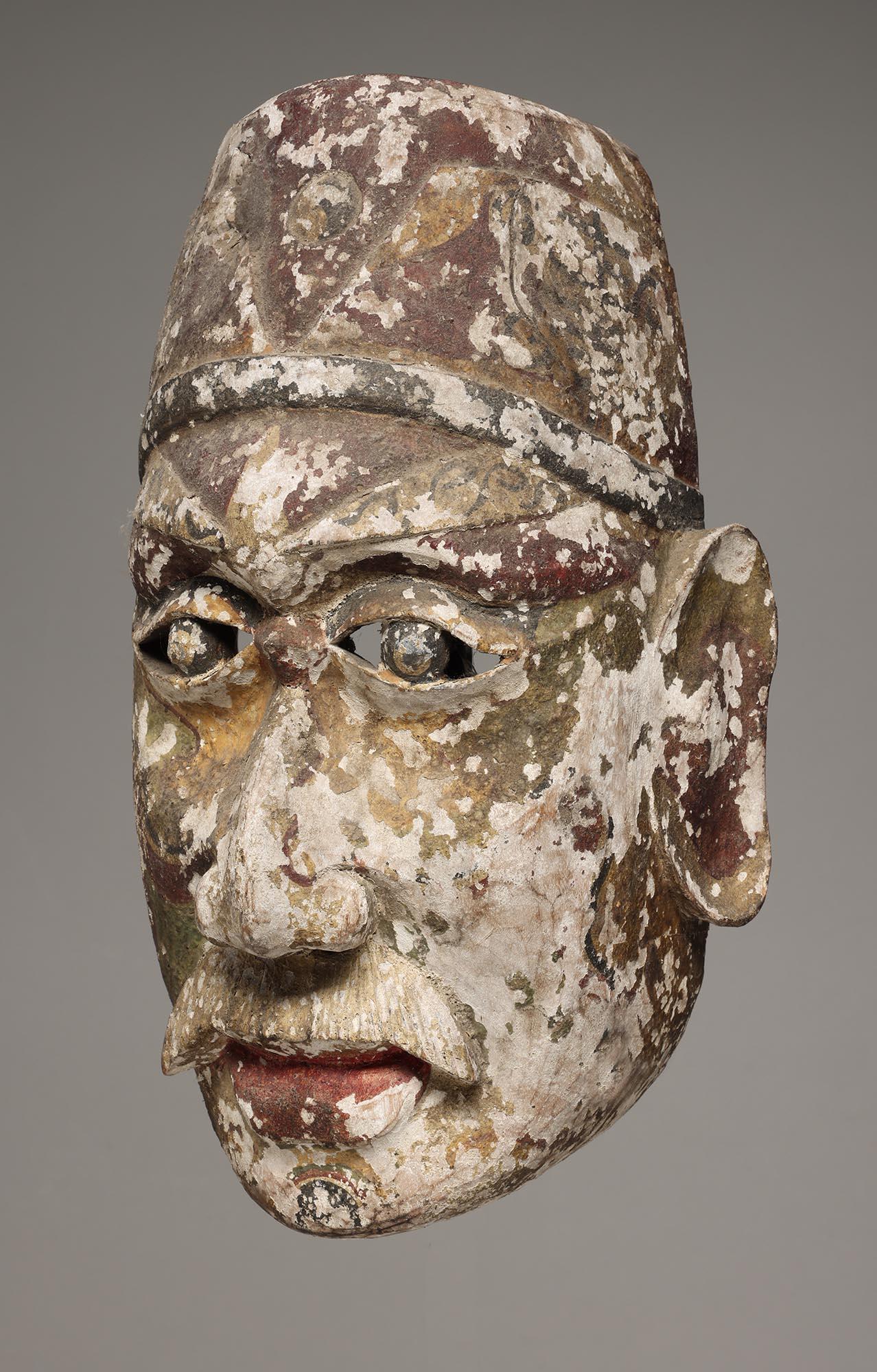 Tribal Masque de danse folklorique chinois en Wood avec yeux ouverts et lèvres rouges Traces de peinture Chine en vente