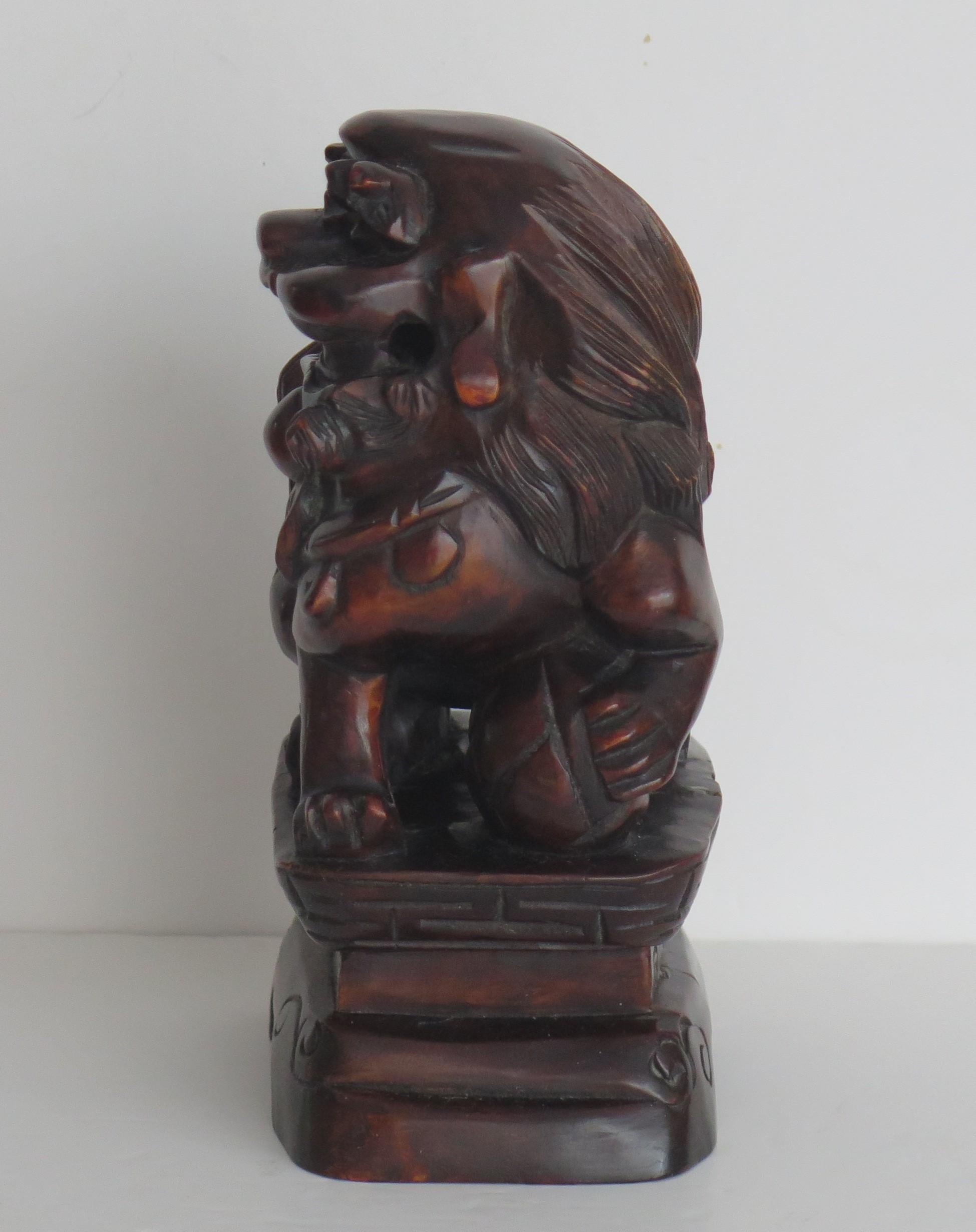 Chinese Foo Dog Hardwood Hand Carved and Signed, Qing circa 1900 For Sale 4