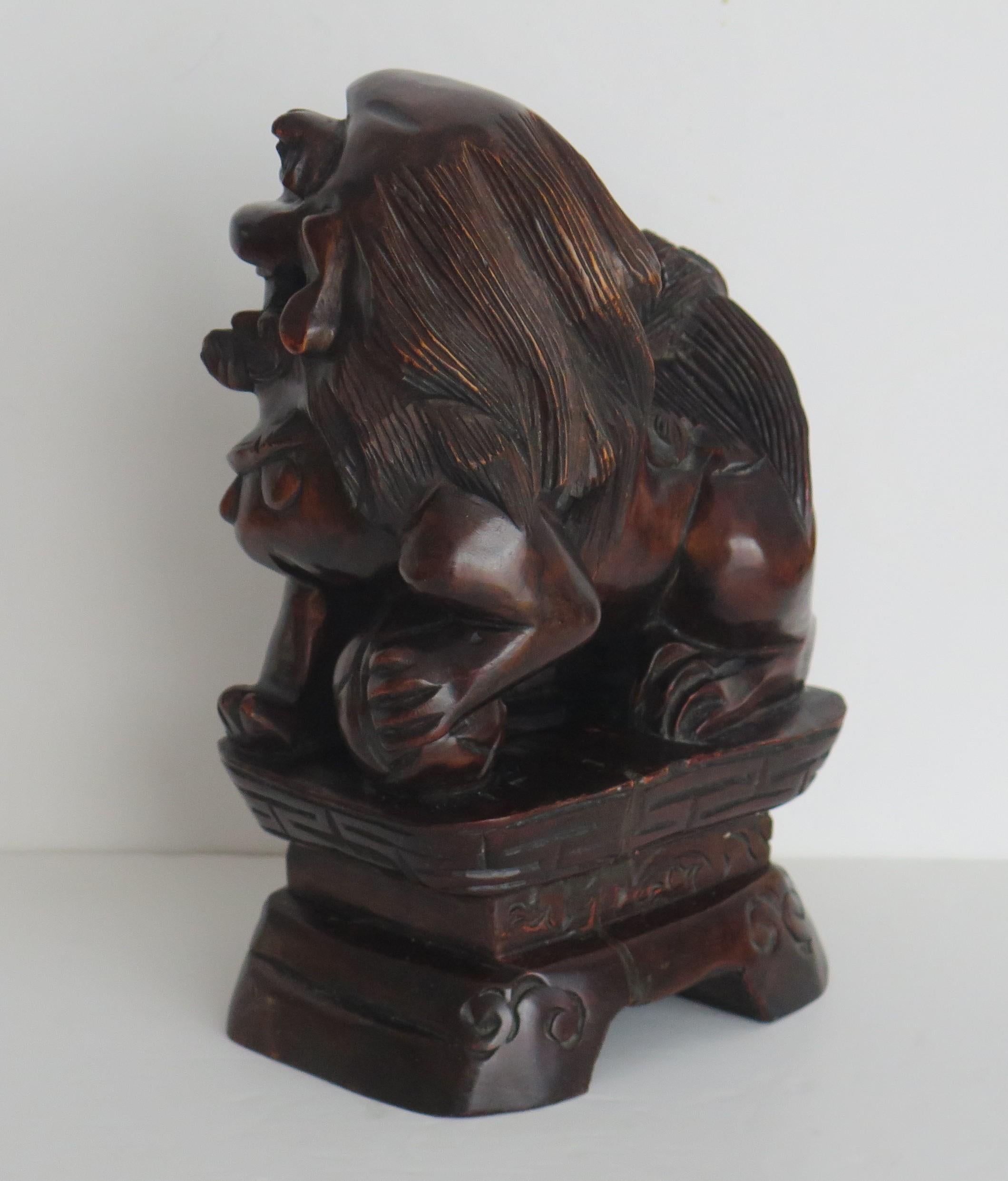 Chinese Foo Dog Hardwood Hand Carved and Signed, Qing circa 1900 For Sale 5