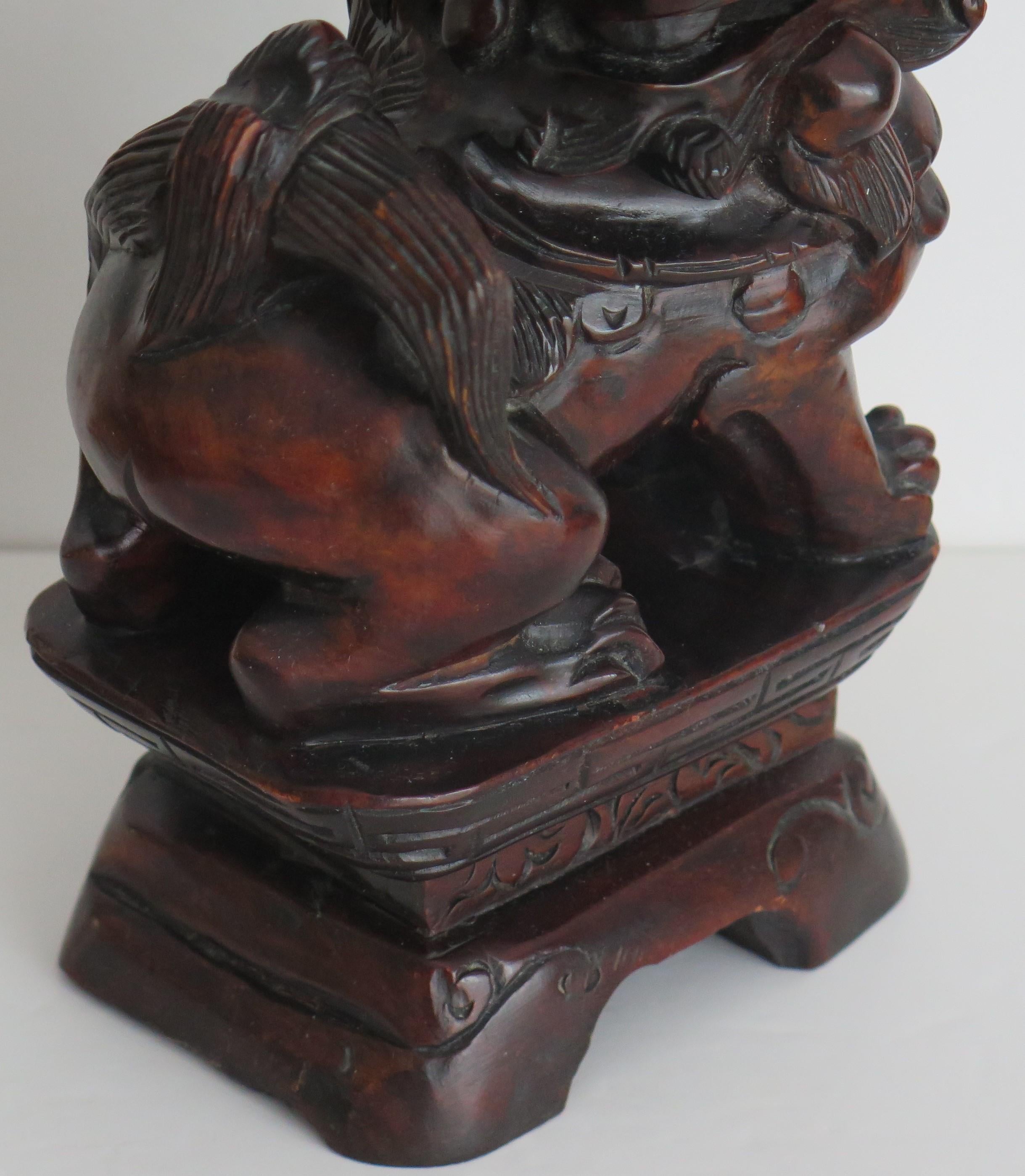 Chinese Foo Dog Hardwood Hand Carved and Signed, Qing circa 1900 For Sale 6