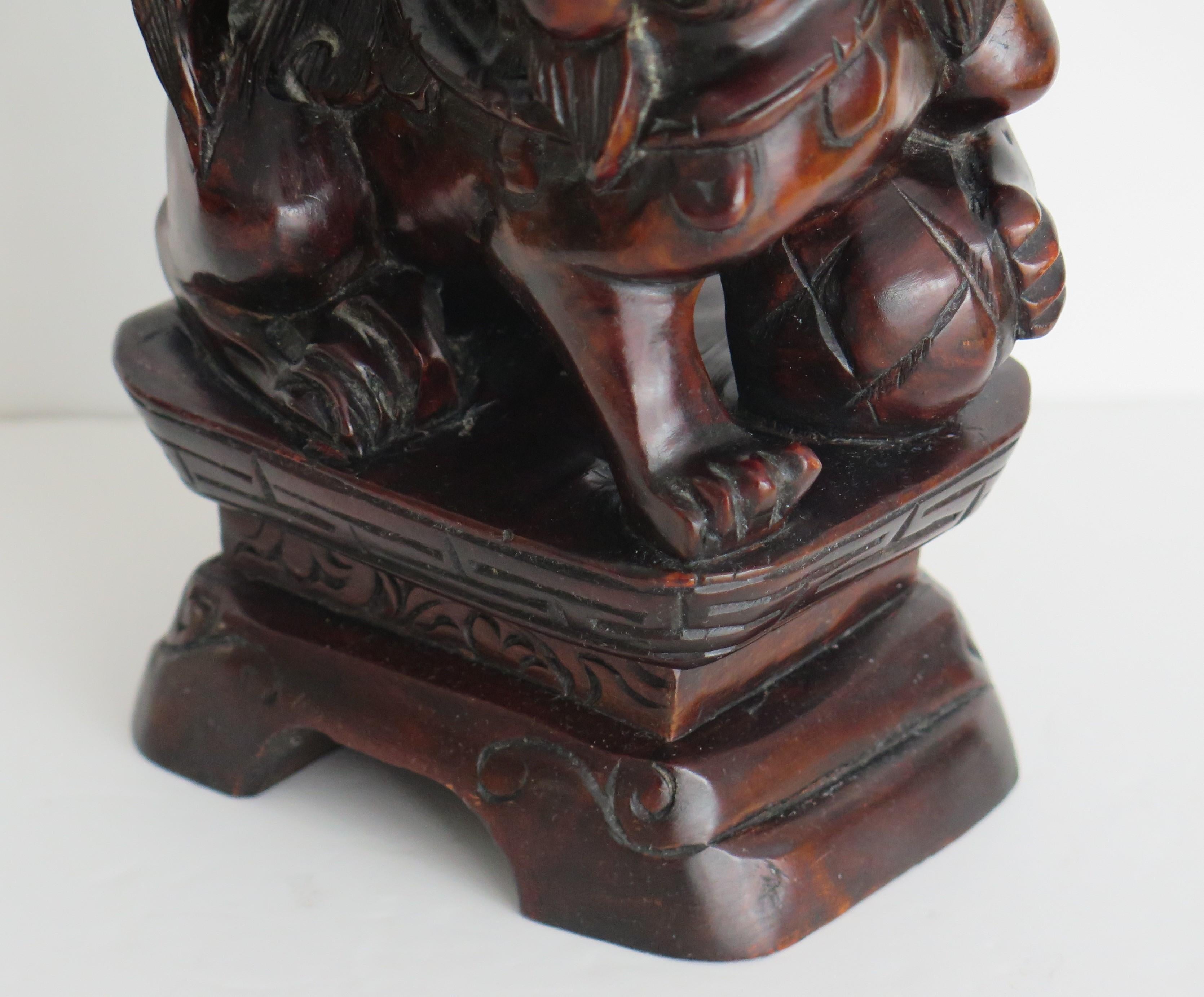 Chinese Foo Dog Hardwood Hand Carved and Signed, Qing circa 1900 For Sale 7
