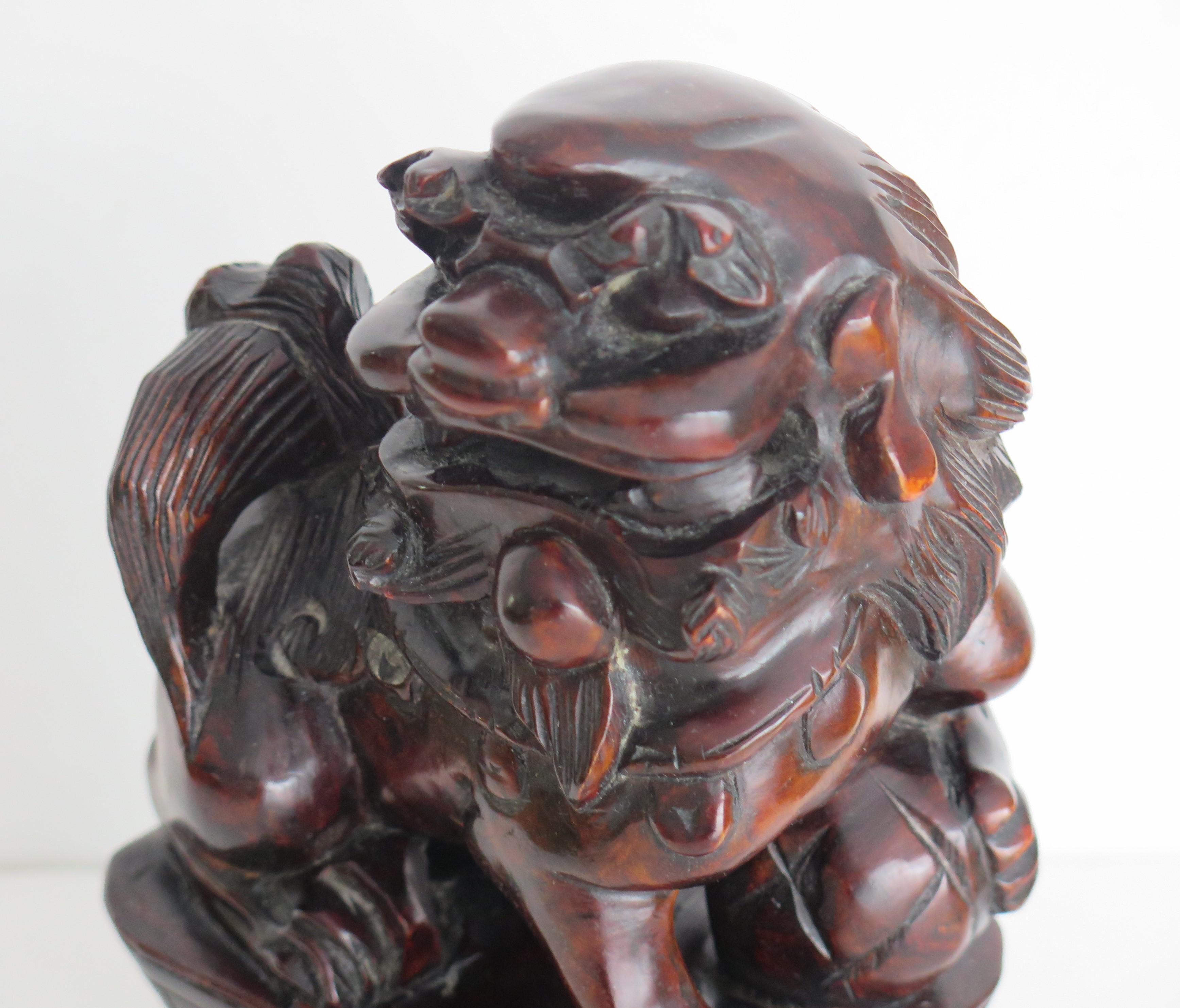 Chinese Foo Dog Hardwood Hand Carved and Signed, Qing circa 1900 For Sale 8