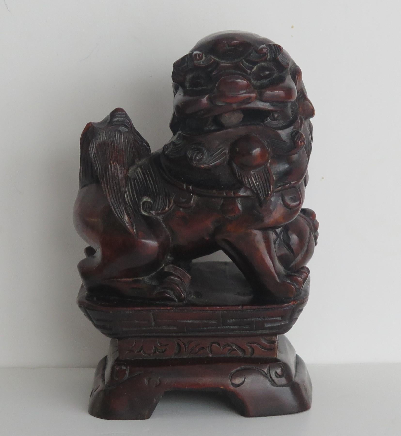 Hand-Carved Chinese Foo Dog Hardwood Hand Carved and Signed, Qing circa 1900 For Sale