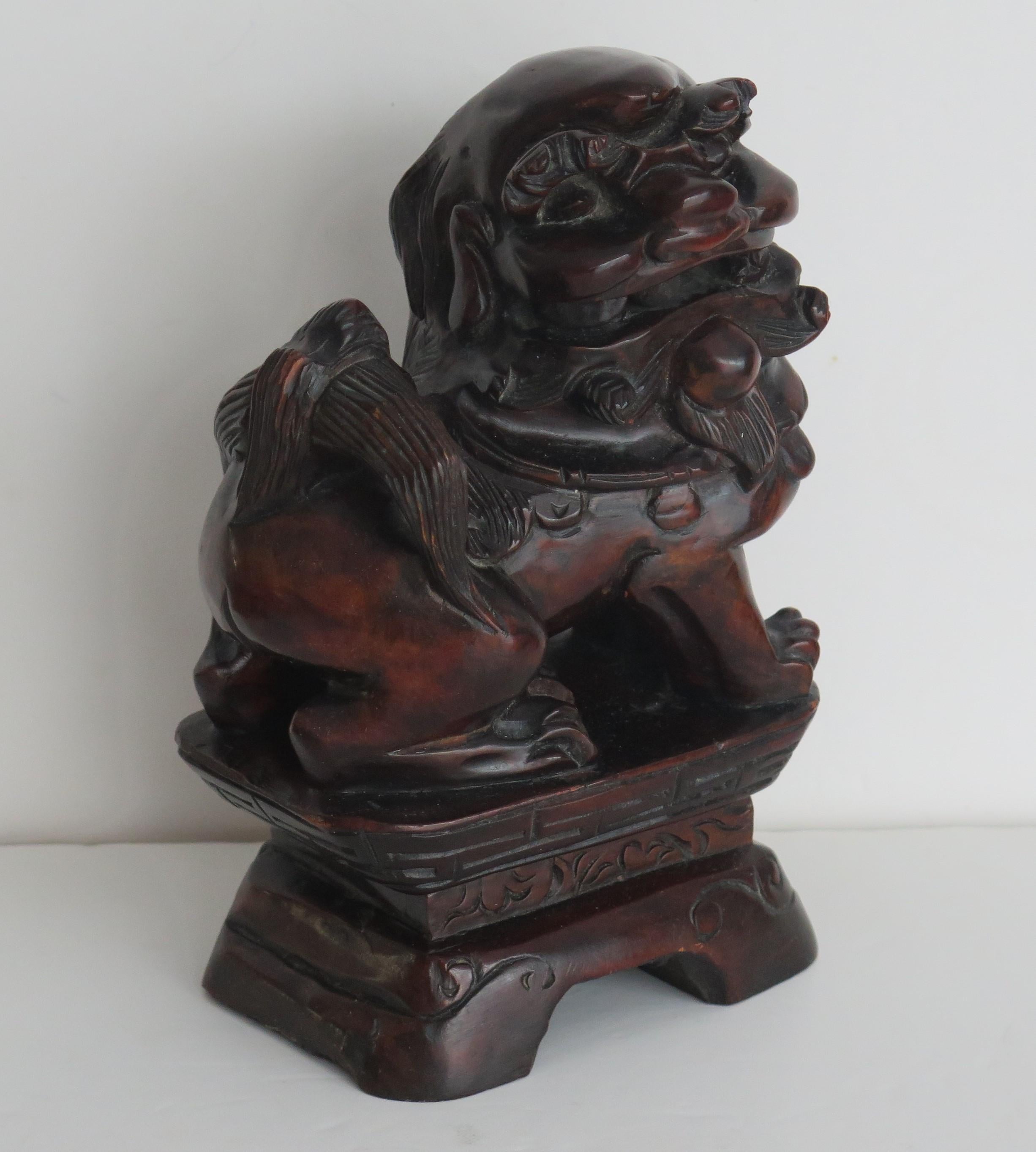 Chinese Foo Dog Hardwood Hand Carved and Signed, Qing circa 1900 In Good Condition For Sale In Lincoln, Lincolnshire