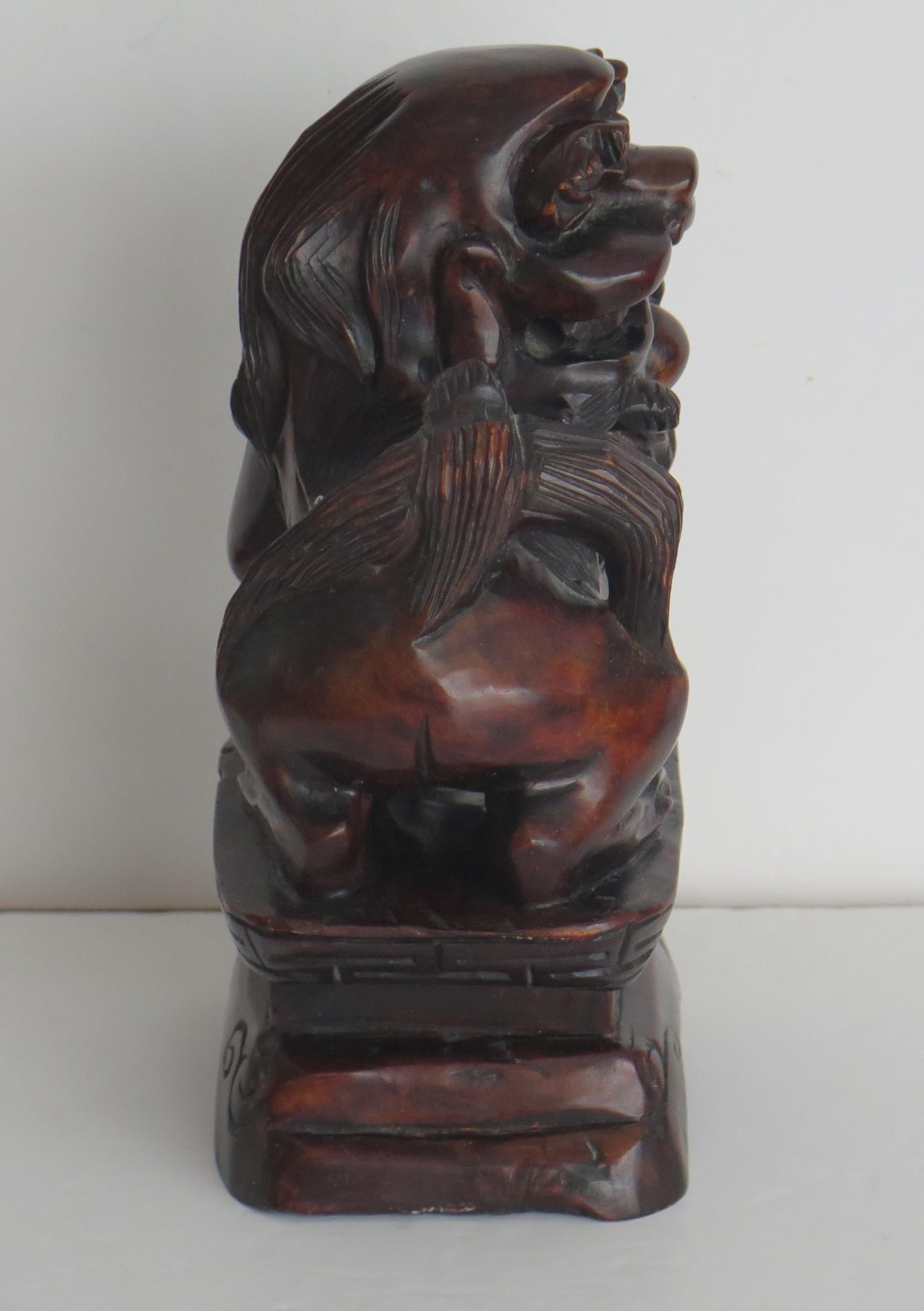 20th Century Chinese Foo Dog Hardwood Hand Carved and Signed, Qing circa 1900 For Sale