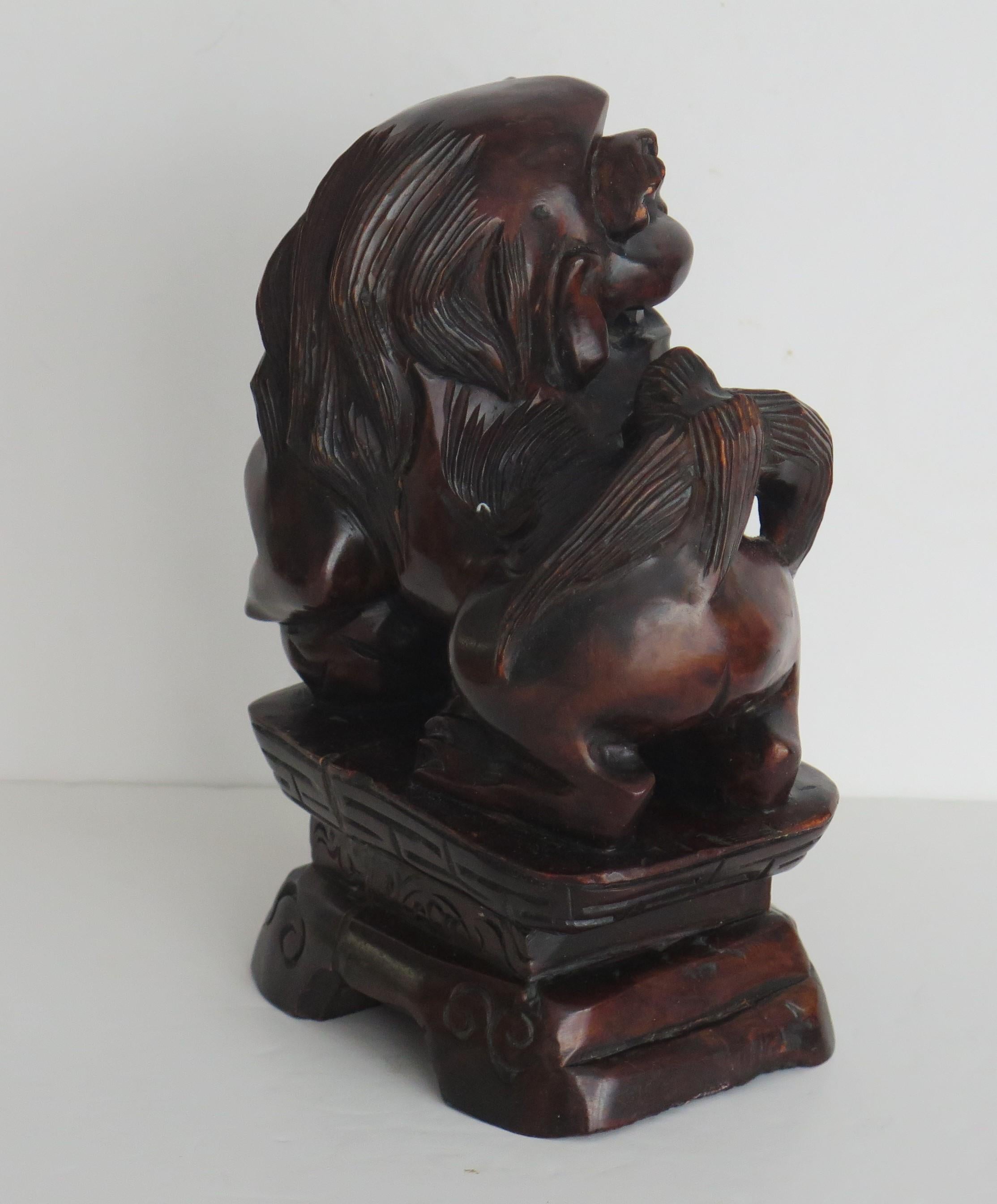 Chinese Foo Dog Hardwood Hand Carved and Signed, Qing circa 1900 For Sale 1