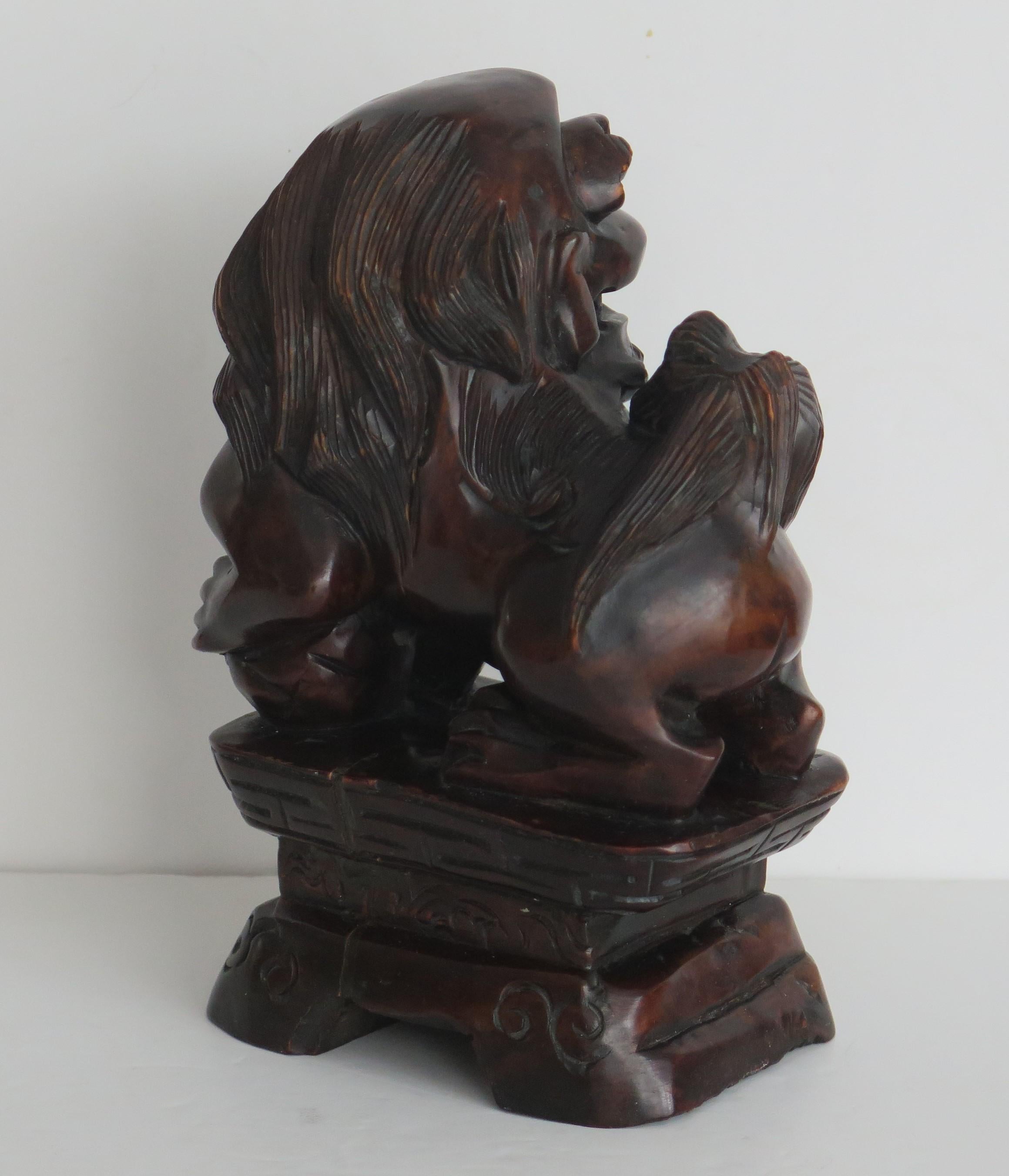 Chinese Foo Dog Hardwood Hand Carved and Signed, Qing circa 1900 For Sale 2