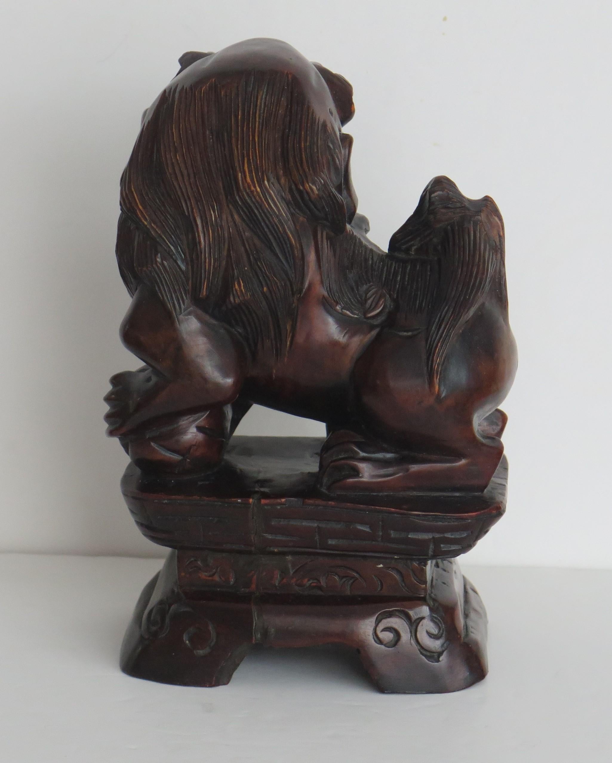 Chinese Foo Dog Hardwood Hand Carved and Signed, Qing circa 1900 For Sale 3