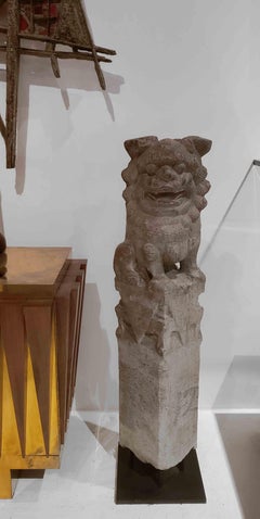 Chinese Foo Dog Hitching Post Sculpture in Solid Granite, Early 20th Century