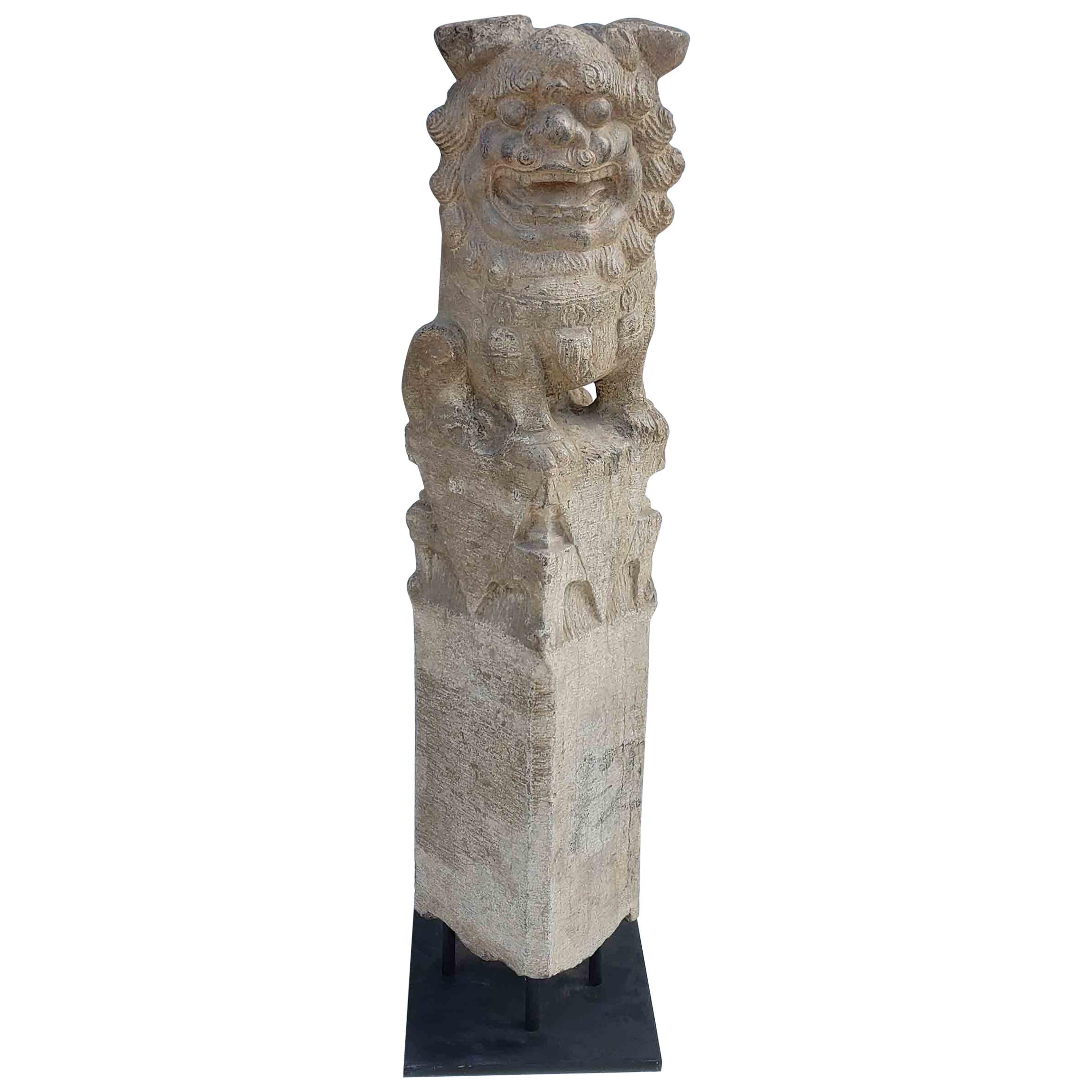Chinese Foo Dog Hitching Post Sculpture in Solid Granite, Early 20th Century