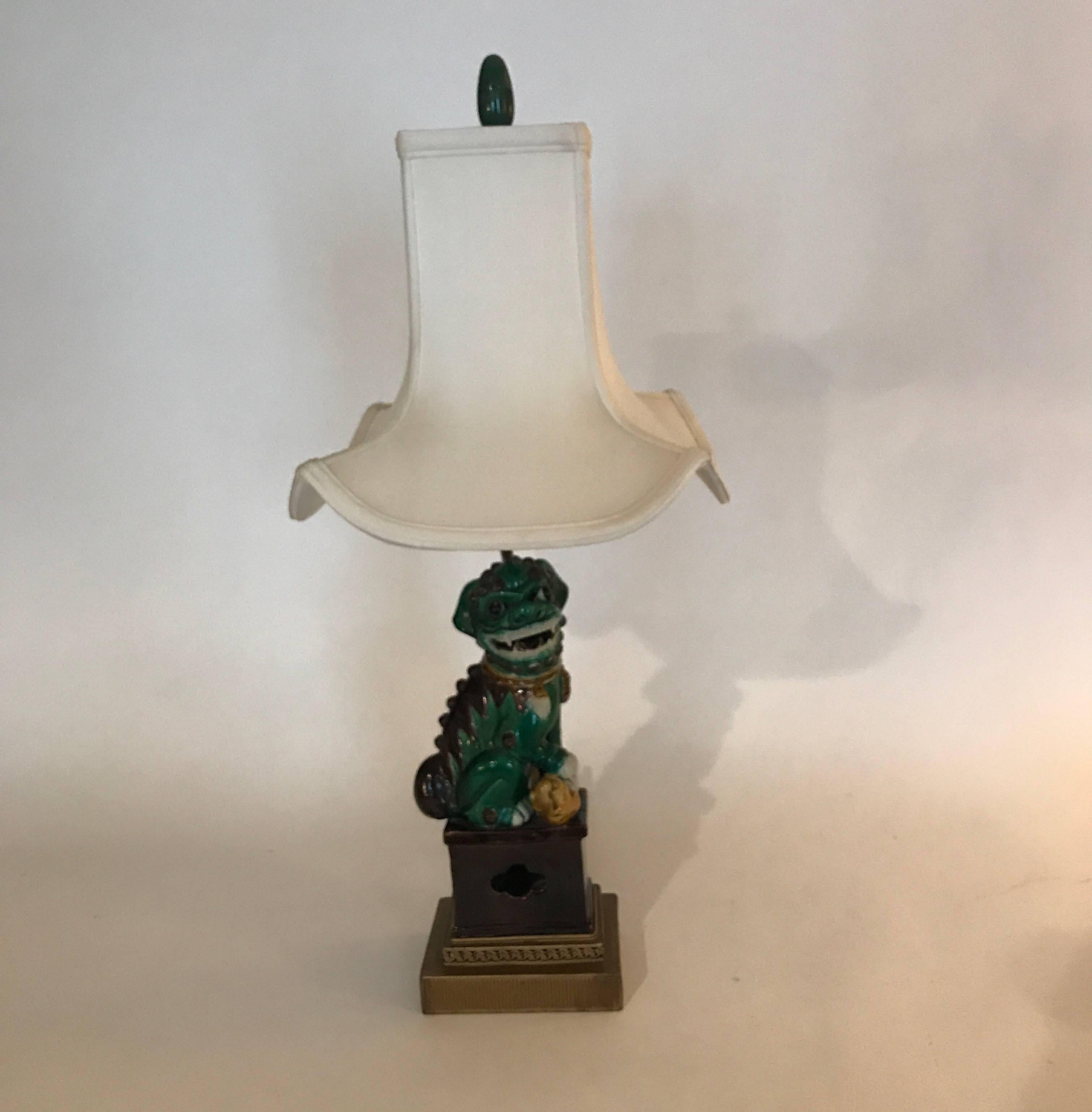 Brass Chinese Foo Dog Lamp with Silk Shade