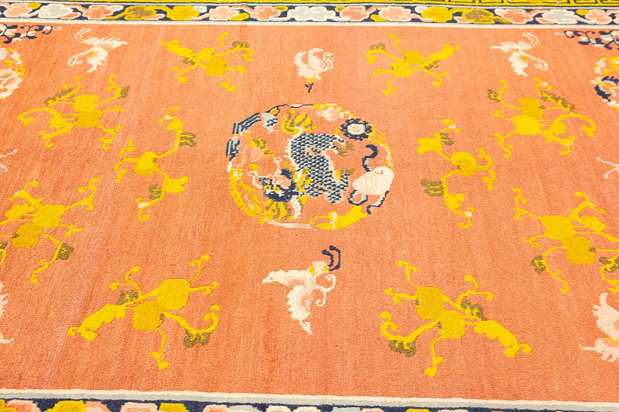 Hand-Knotted Chinese Foo Dog Rug Salmon Color For Sale