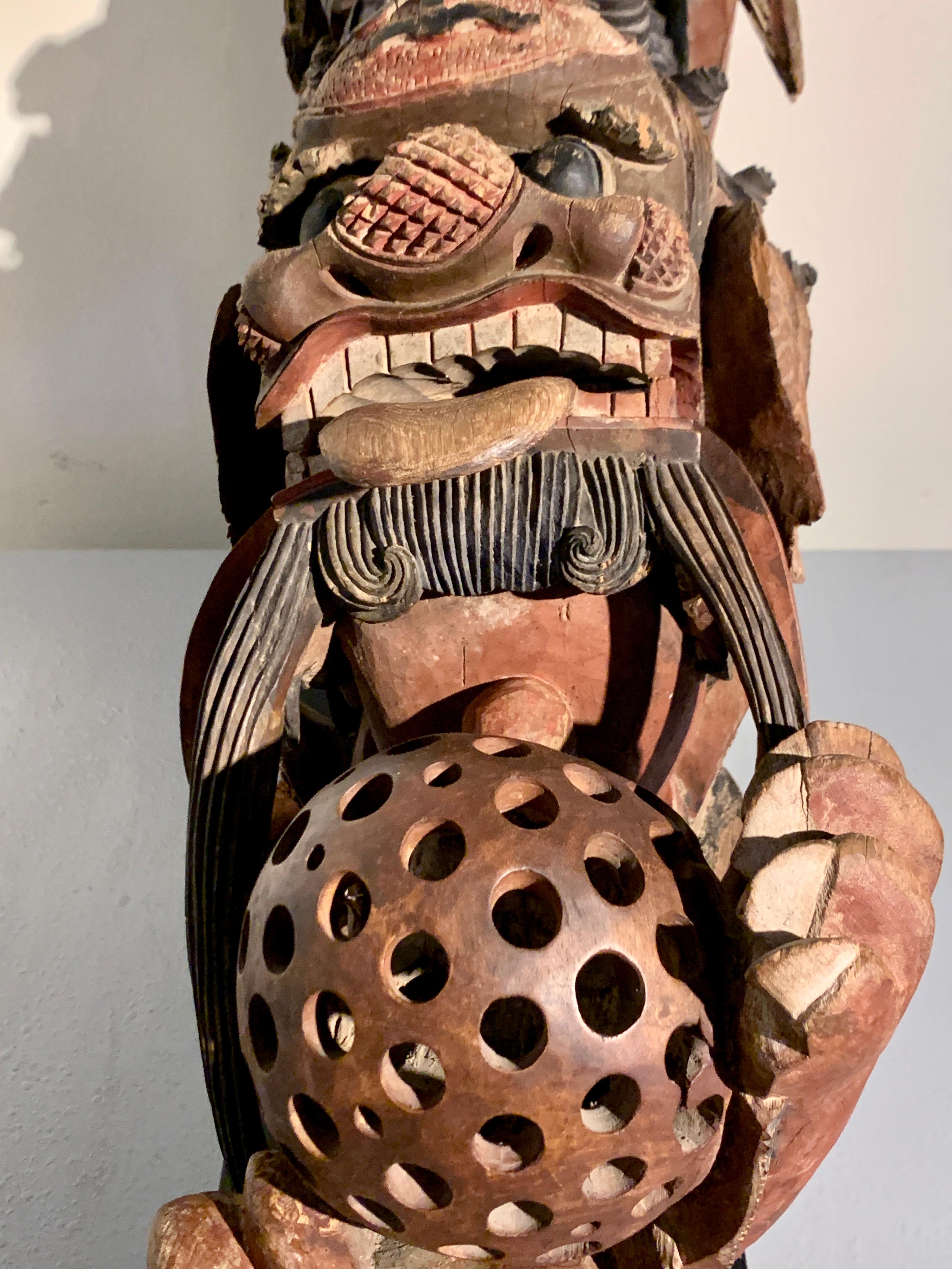 Chinese Foo Lion Corbel, Carved and Painted Poplar Wood, Qing Dynasty, China 6