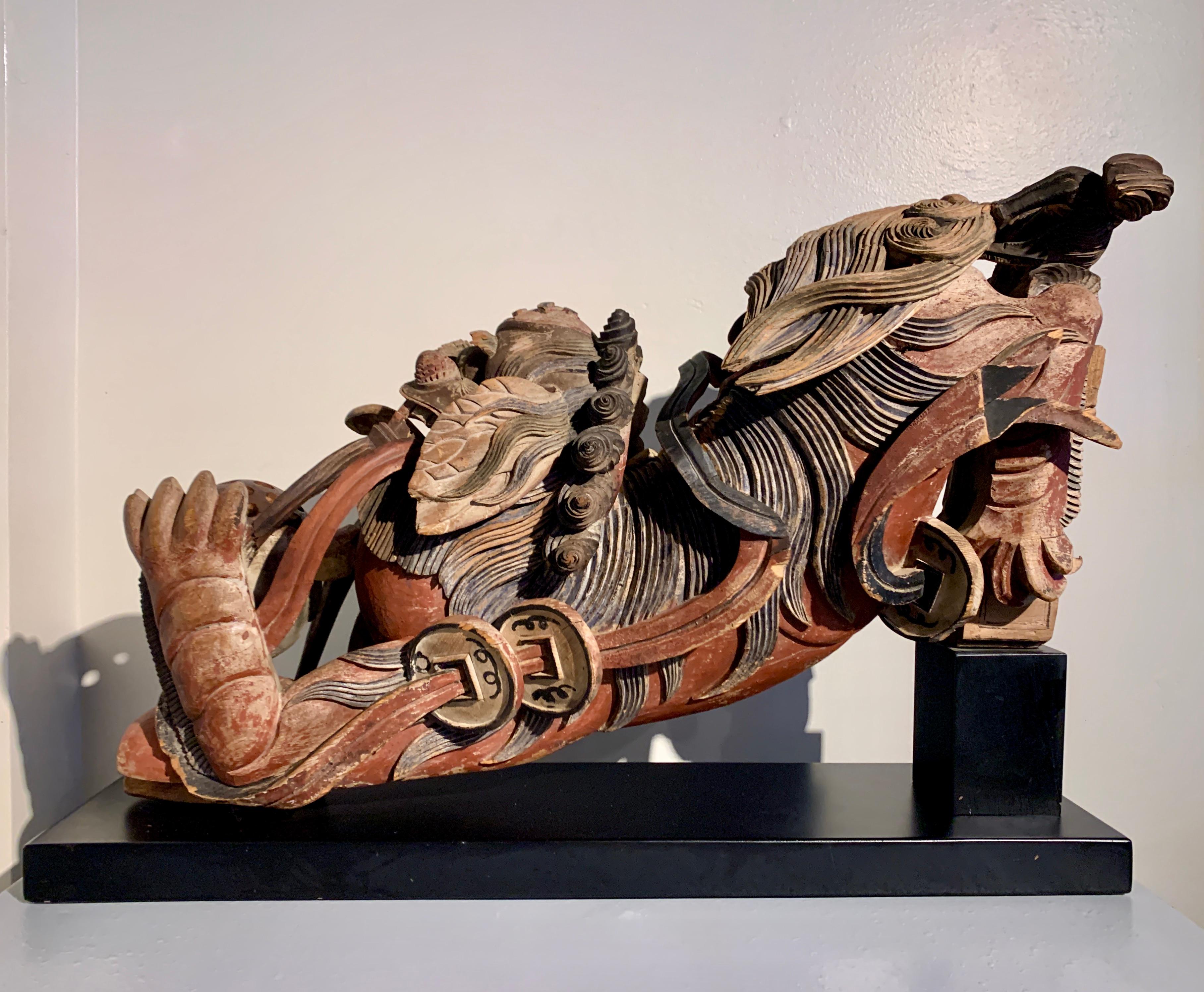 Hardwood Chinese Foo Lion Corbel, Carved and Painted Poplar Wood, Qing Dynasty, China