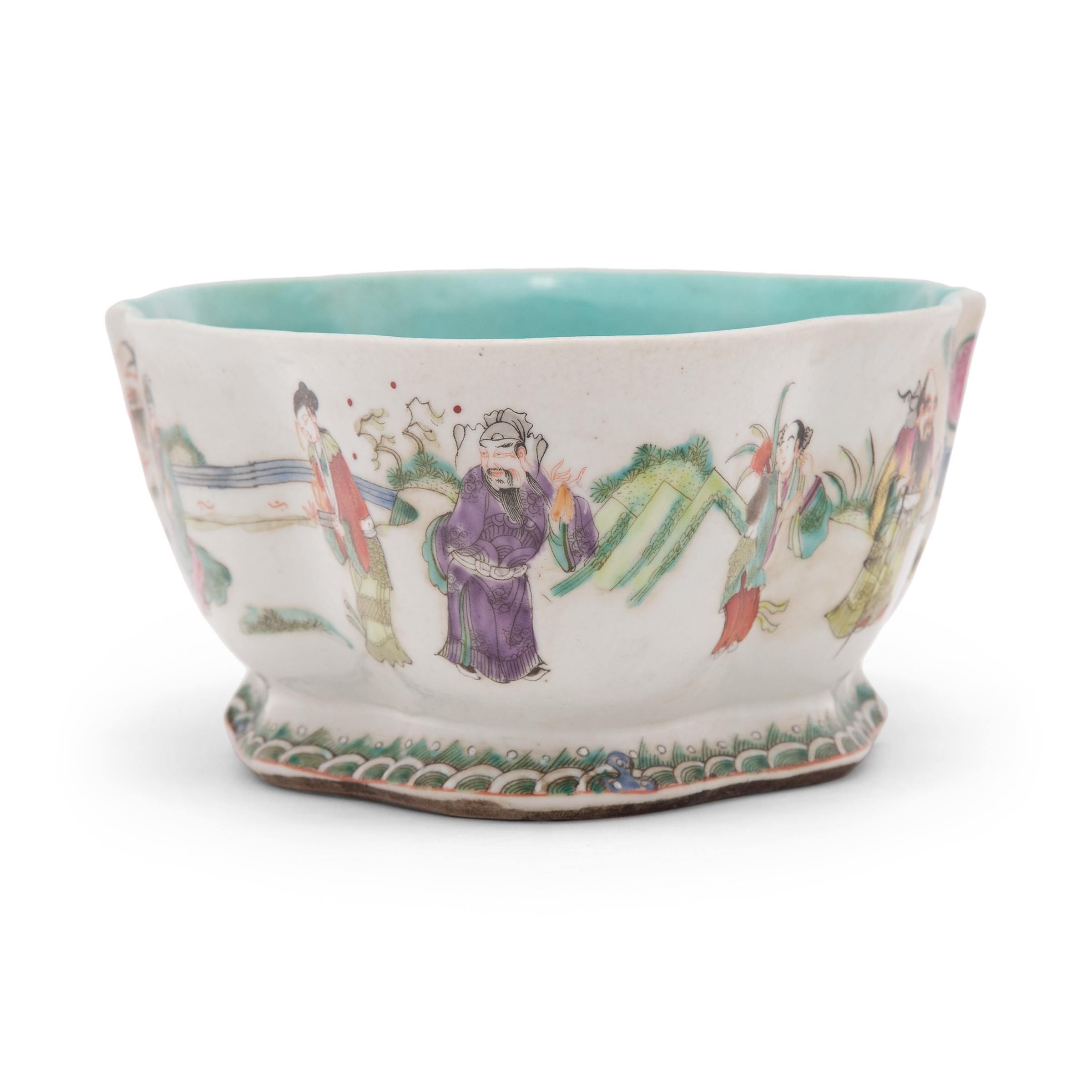 This colorful porcelain bowl dates to c. 1900 and was originally used as a serving dish for ritual offerings, placed before a home altar and piled high with fruit, baked goods, and other foods. The cartouche-shaped dish features tall sides, a short