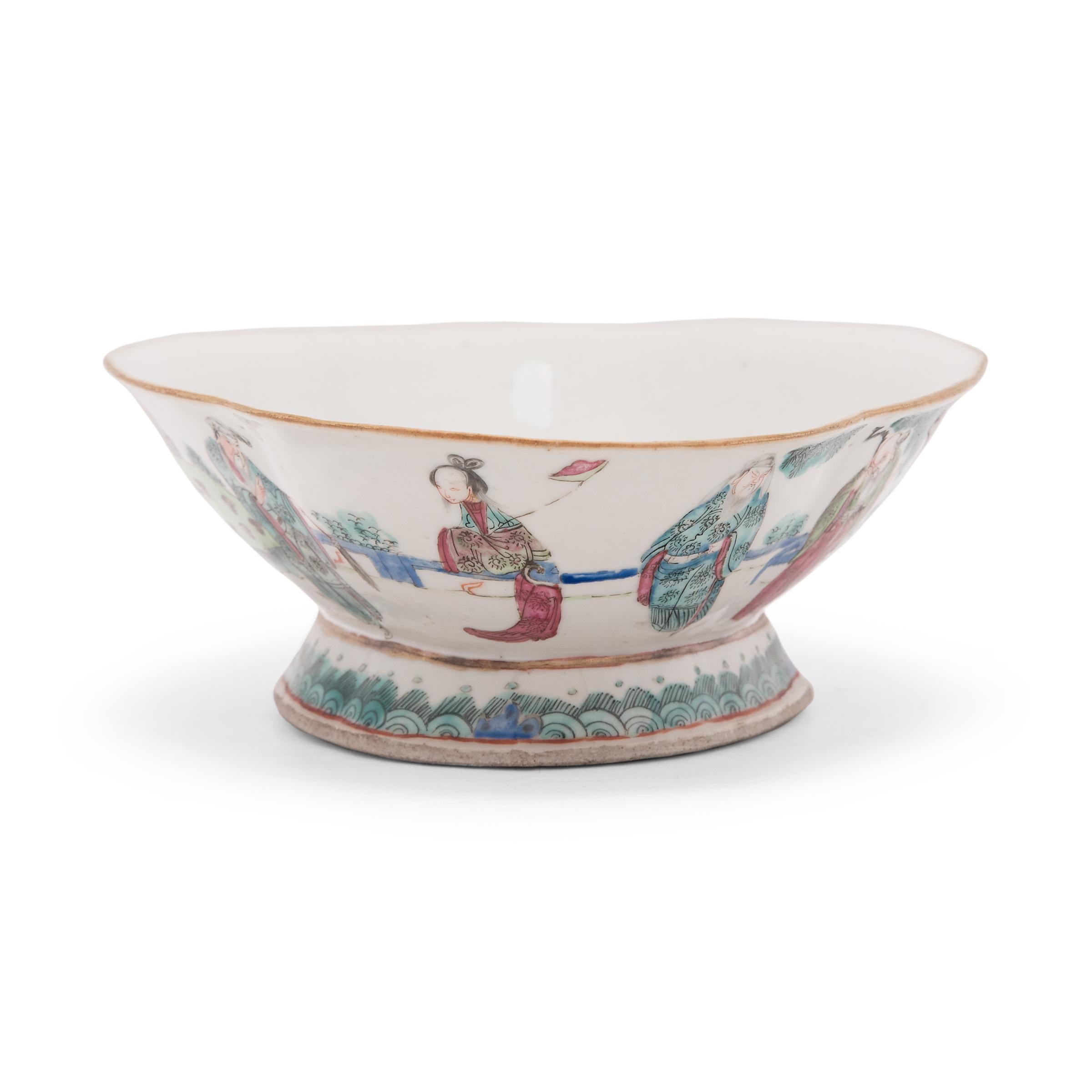 Enameled Chinese Footed Offering Bowl with Gathering of Immortals, c. 1850