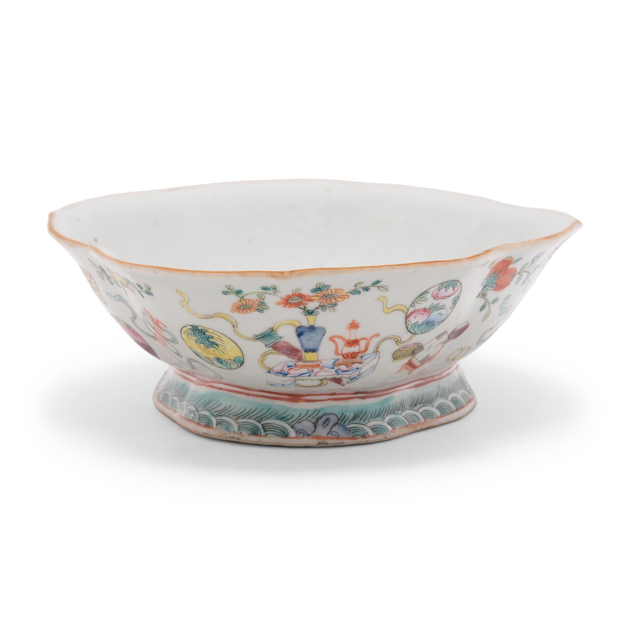 Qing Chinese Footed Offering Bowl with Scholars' Objects, c. 1850