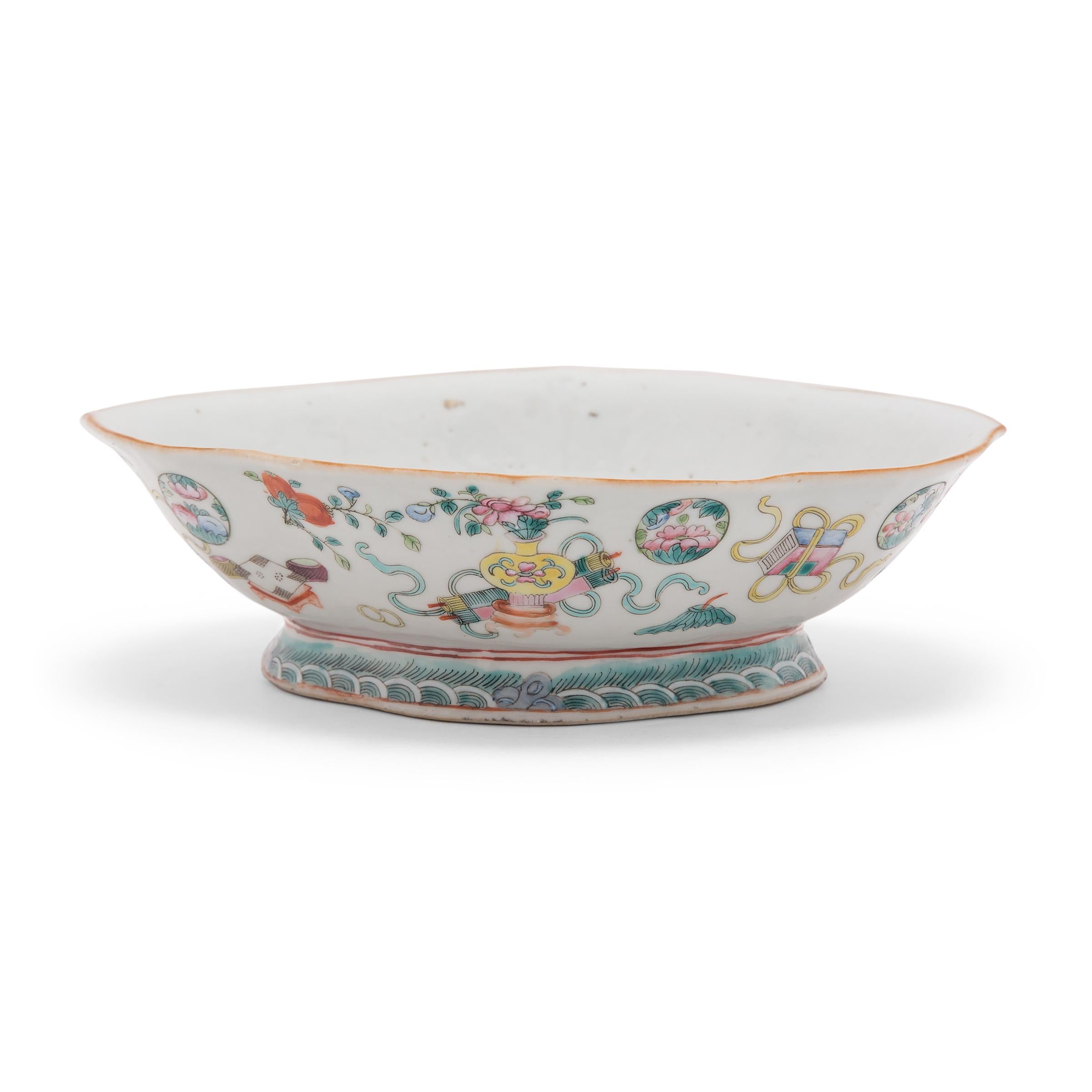 Enameled Chinese Footed Offering Bowl with Scholars' Objects, c. 1850