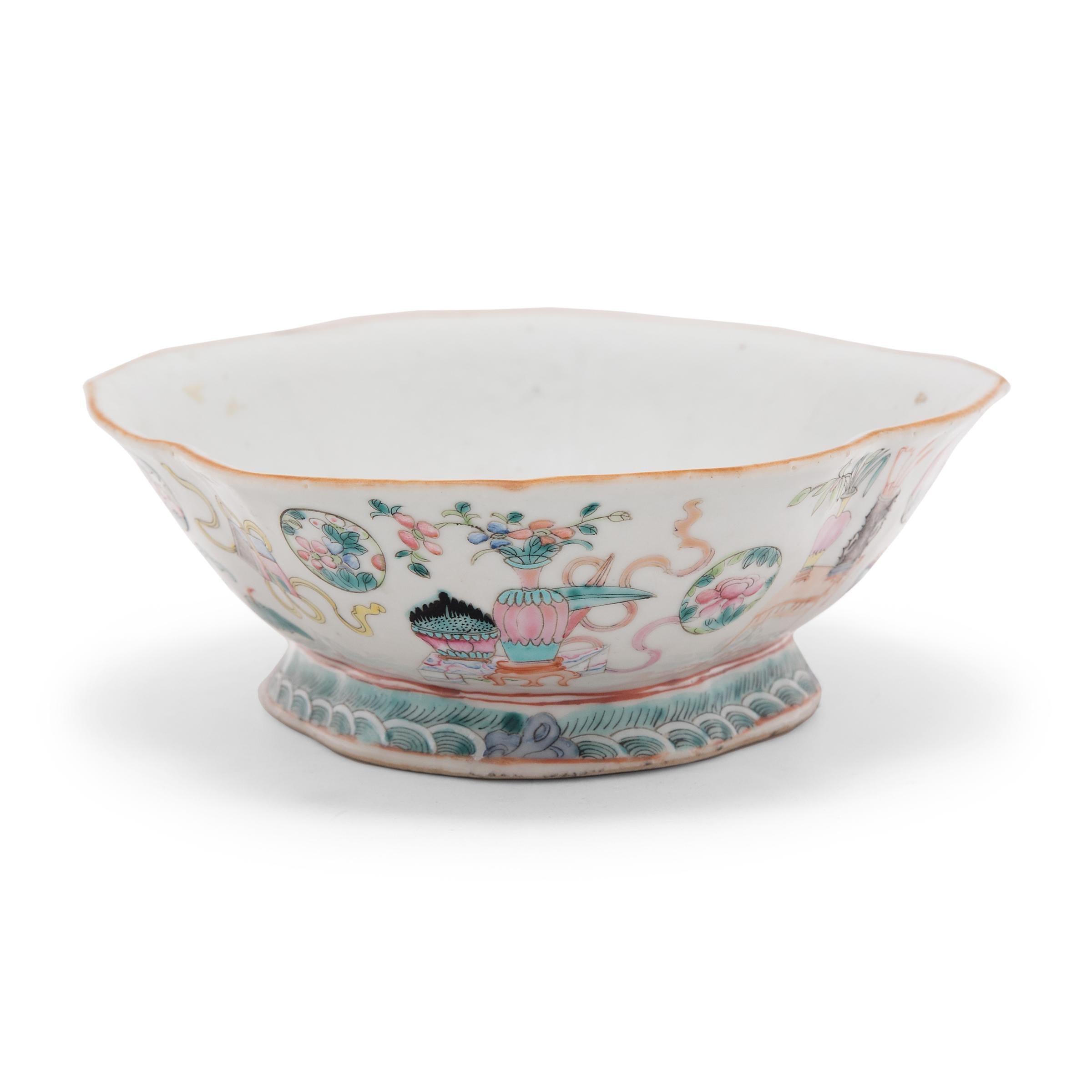 Chinese Footed Offering Bowl with Scholars' Objects, c. 1850 In Good Condition In Chicago, IL